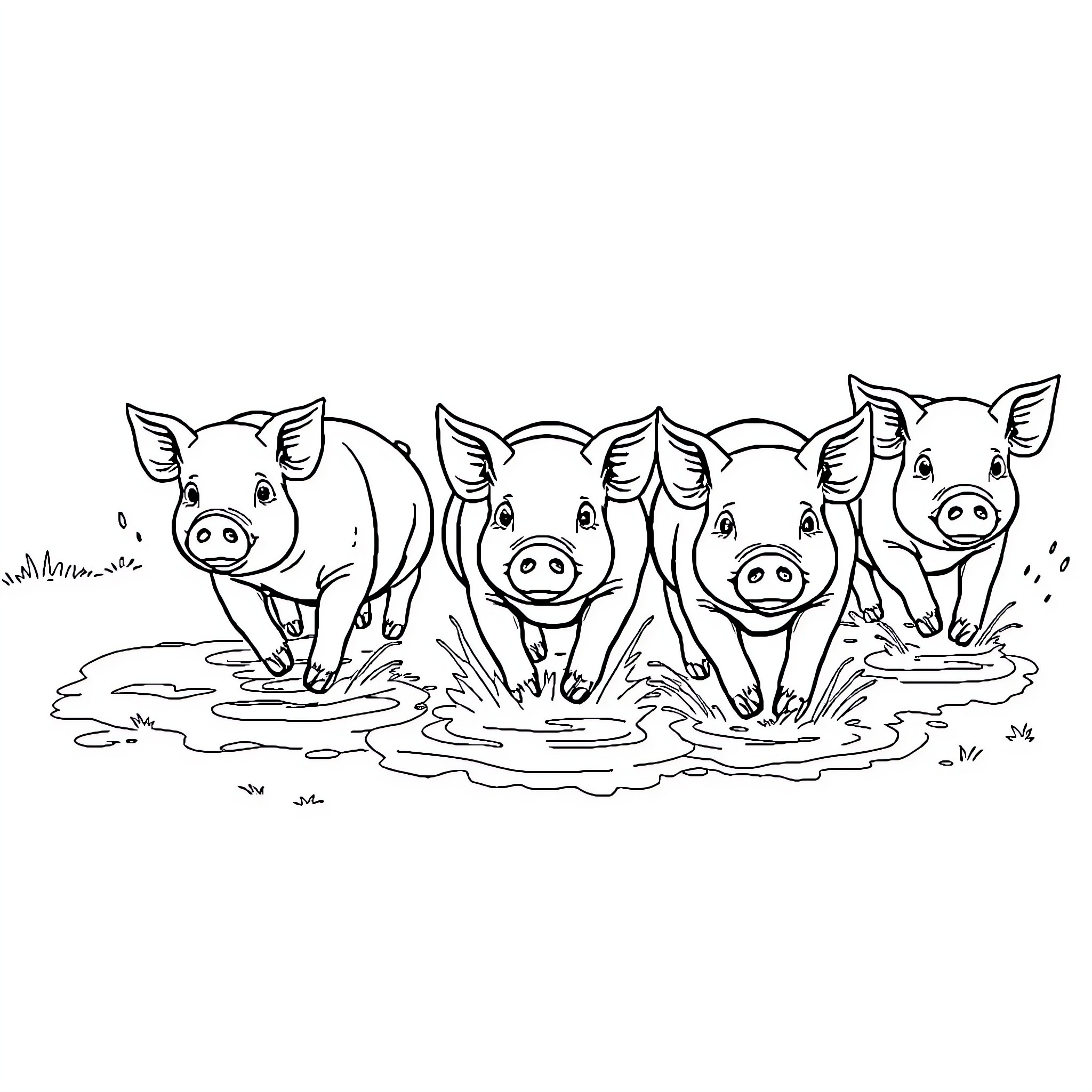 Pigs playing in the mud Coloring Page (free black-and-white line drawing printable PDF for all, from beginners to advanced learners, including children, teens, adults, and seniors)