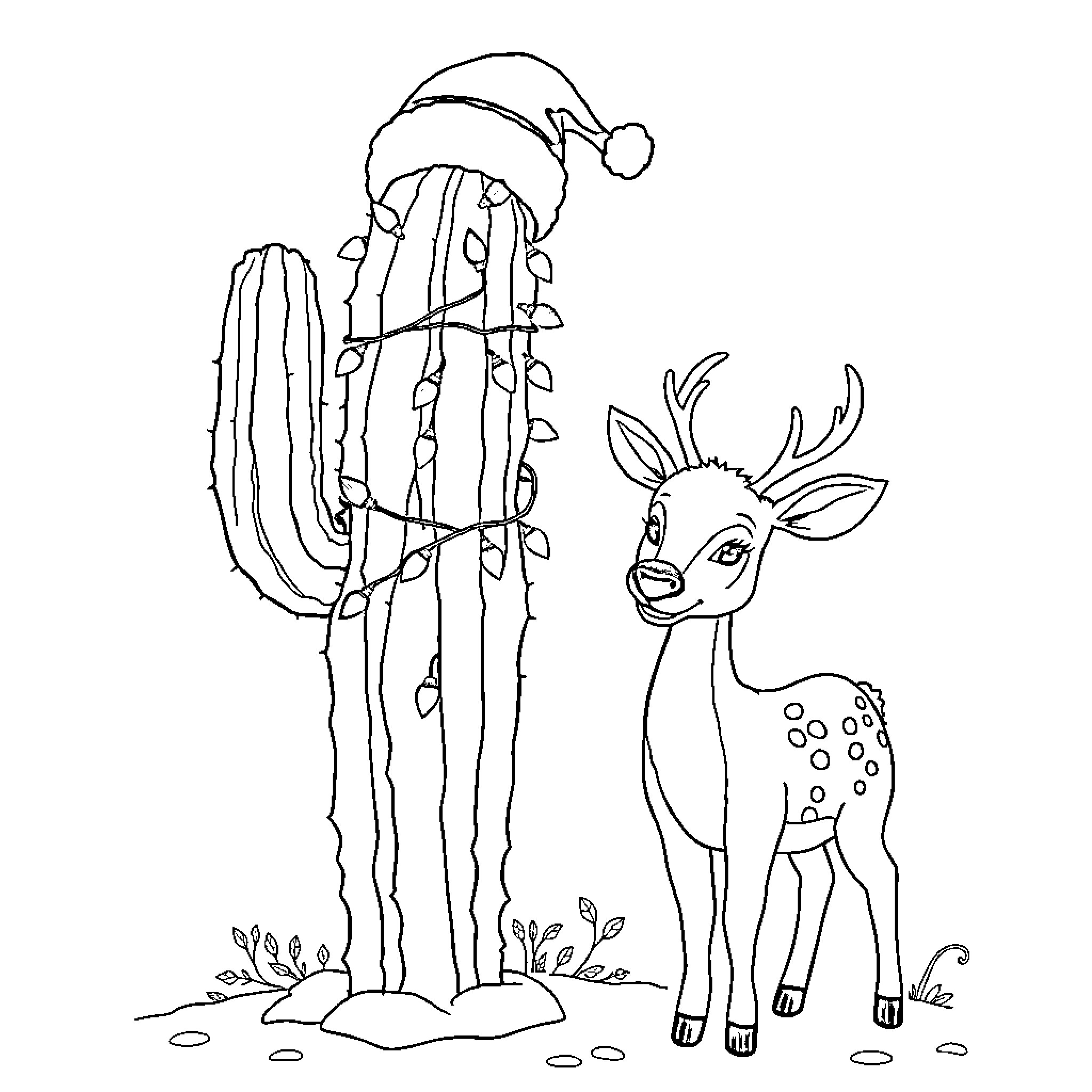 Cactus and Deer in Winter Wonderland Coloring Page (free black-and-white line drawing printable PDF for all, from beginners to advanced learners, including children, teens, adults, and seniors)