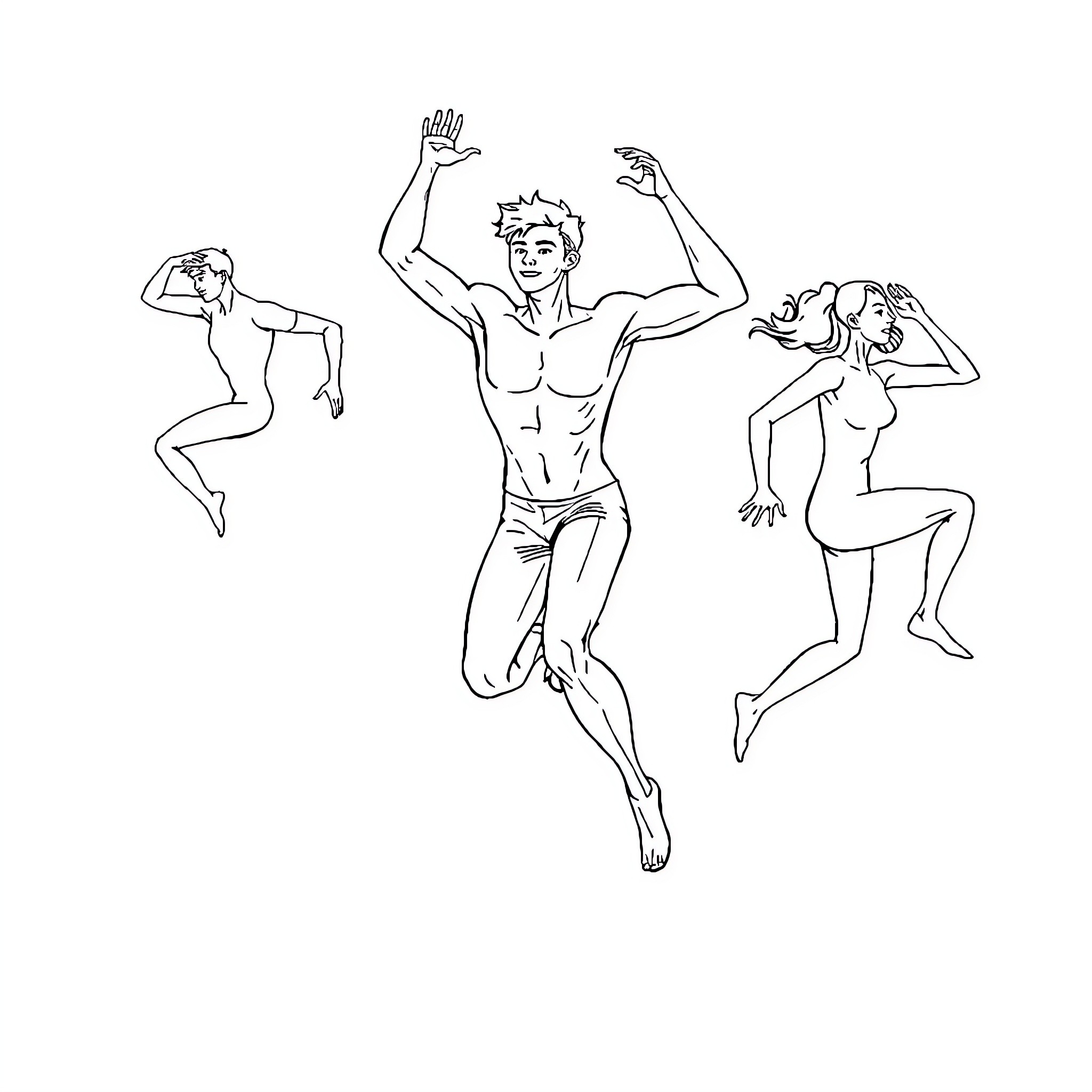 Human Figures Expressing Dynamic Movement Coloring Page (free black-and-white line drawing printable PDF for all, from beginners to advanced learners, including children, teens, adults, and seniors)