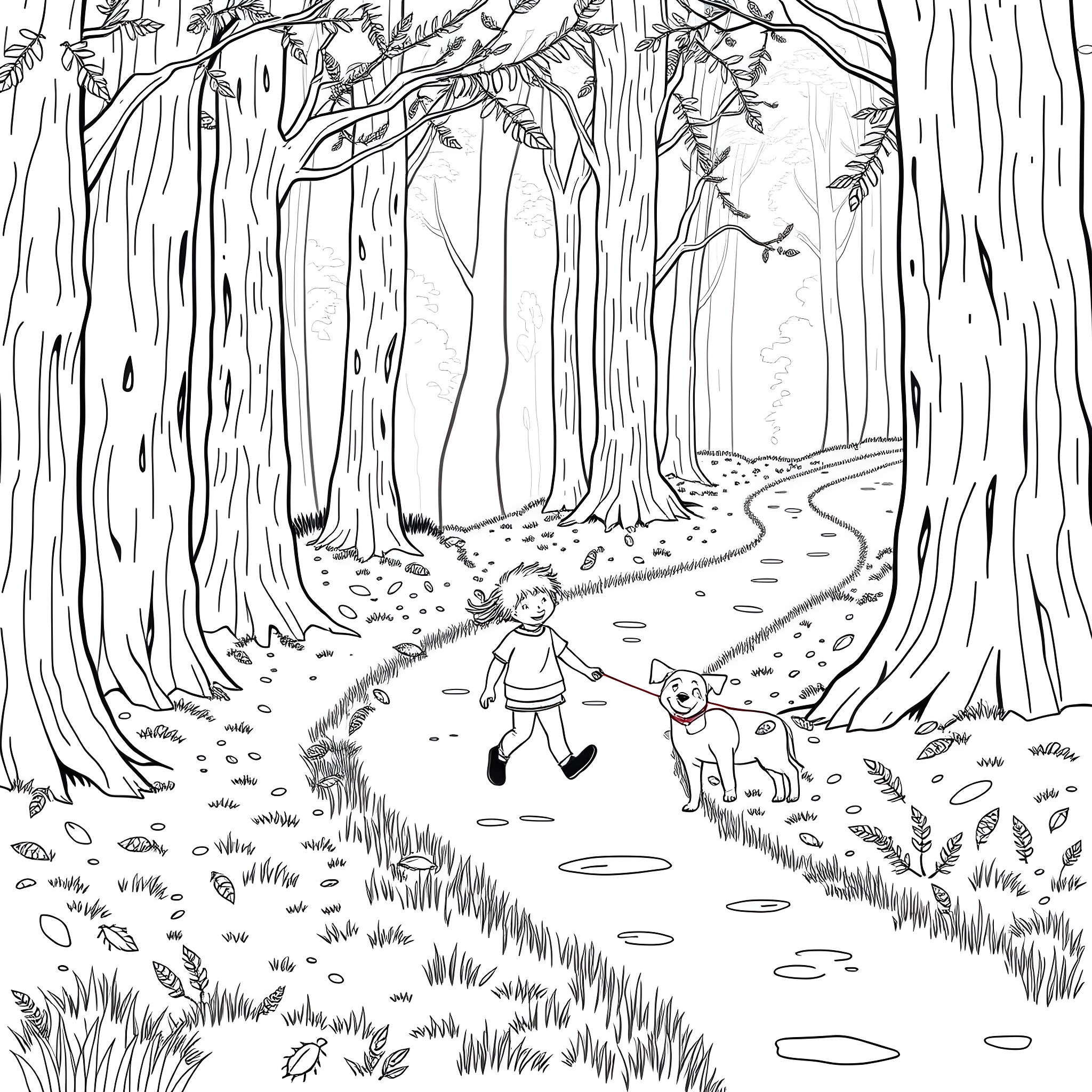 Kid and dog exploring the forest path Coloring Page (free black-and-white line drawing printable PDF for all, from beginners to advanced learners, including children, teens, adults, and seniors)