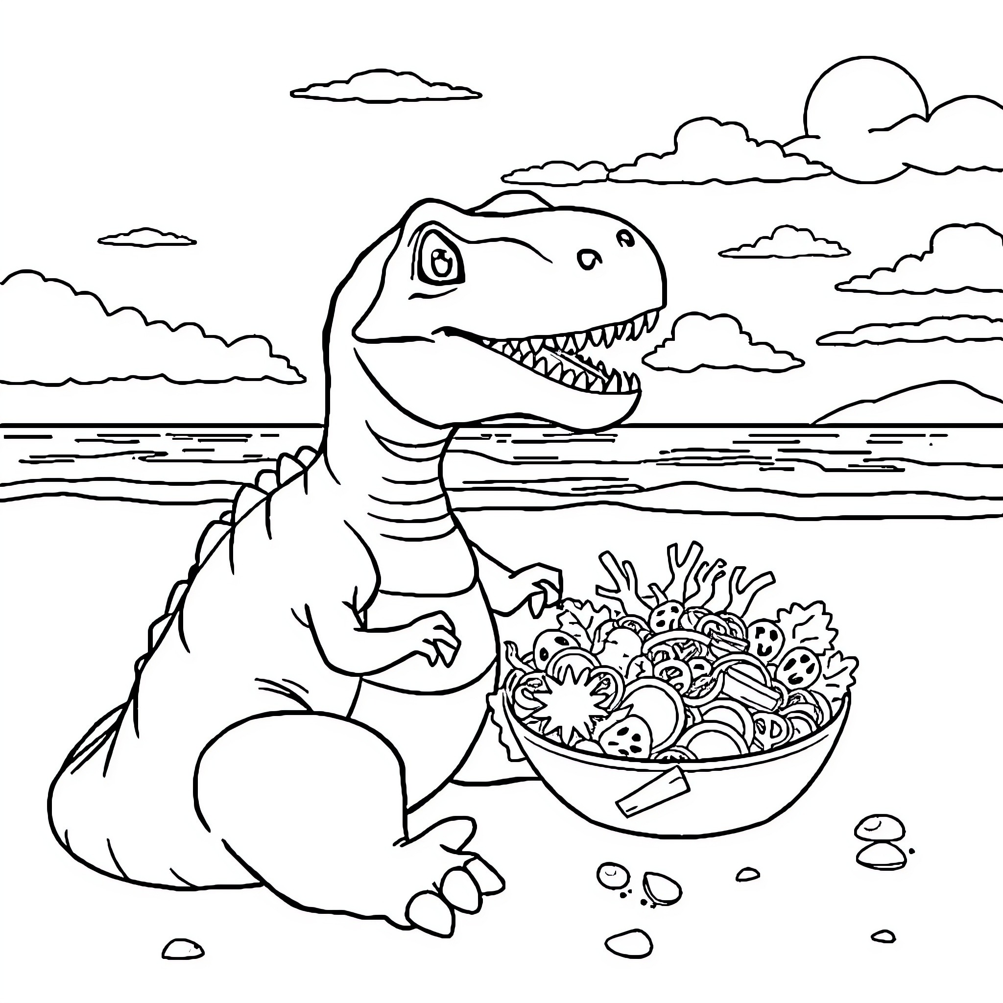 Dinosaur enjoying a hearty meal by the lake Coloring Page (free black-and-white line drawing printable PDF for all, from beginners to advanced learners, including children, teens, adults, and seniors)