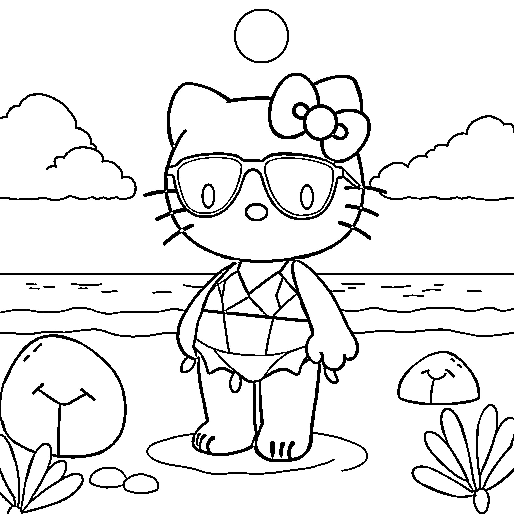 Hello Kitty at the Beach with Sunglasses Coloring Page (free black-and-white line drawing printable PDF for all, from beginners to advanced learners, including children, teens, adults, and seniors)
