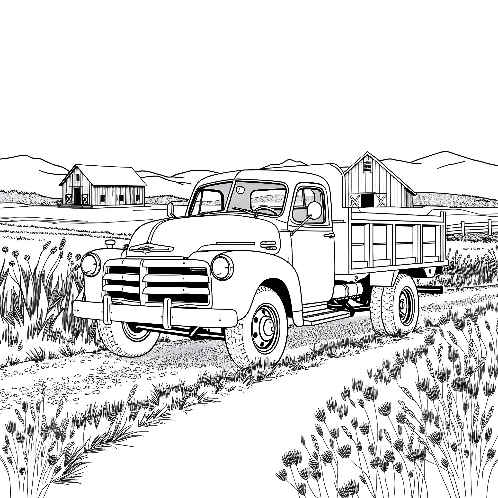 Dump Truck Hauling Goods on Rural Farm Road Coloring Page (free black-and-white line drawing printable PDF for all, from beginners to advanced learners, including children, teens, adults, and seniors)