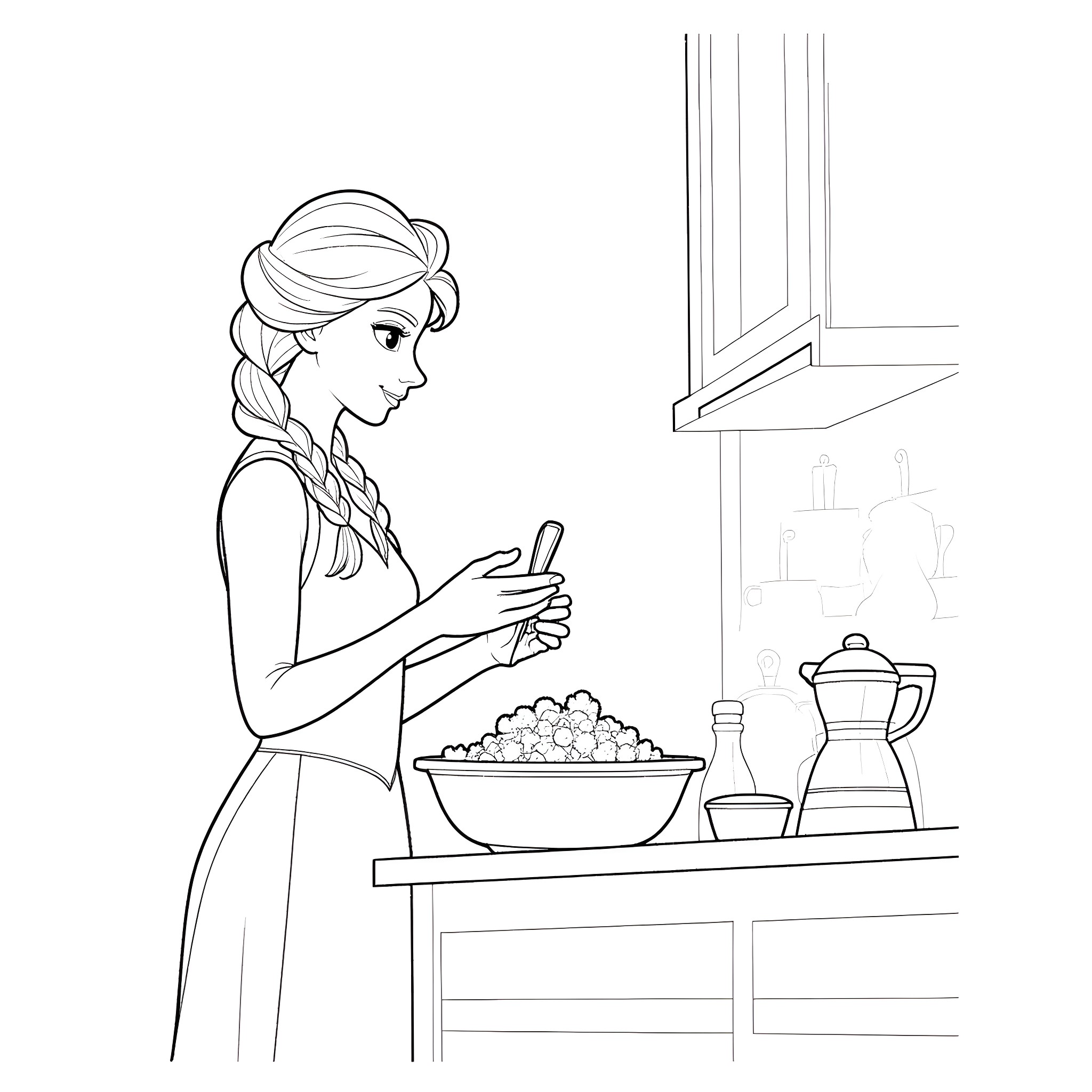Elsa Preparing a Meal in the Kitchen Coloring Page (free black-and-white line drawing printable PDF for all, from beginners to advanced learners, including children, teens, adults, and seniors)