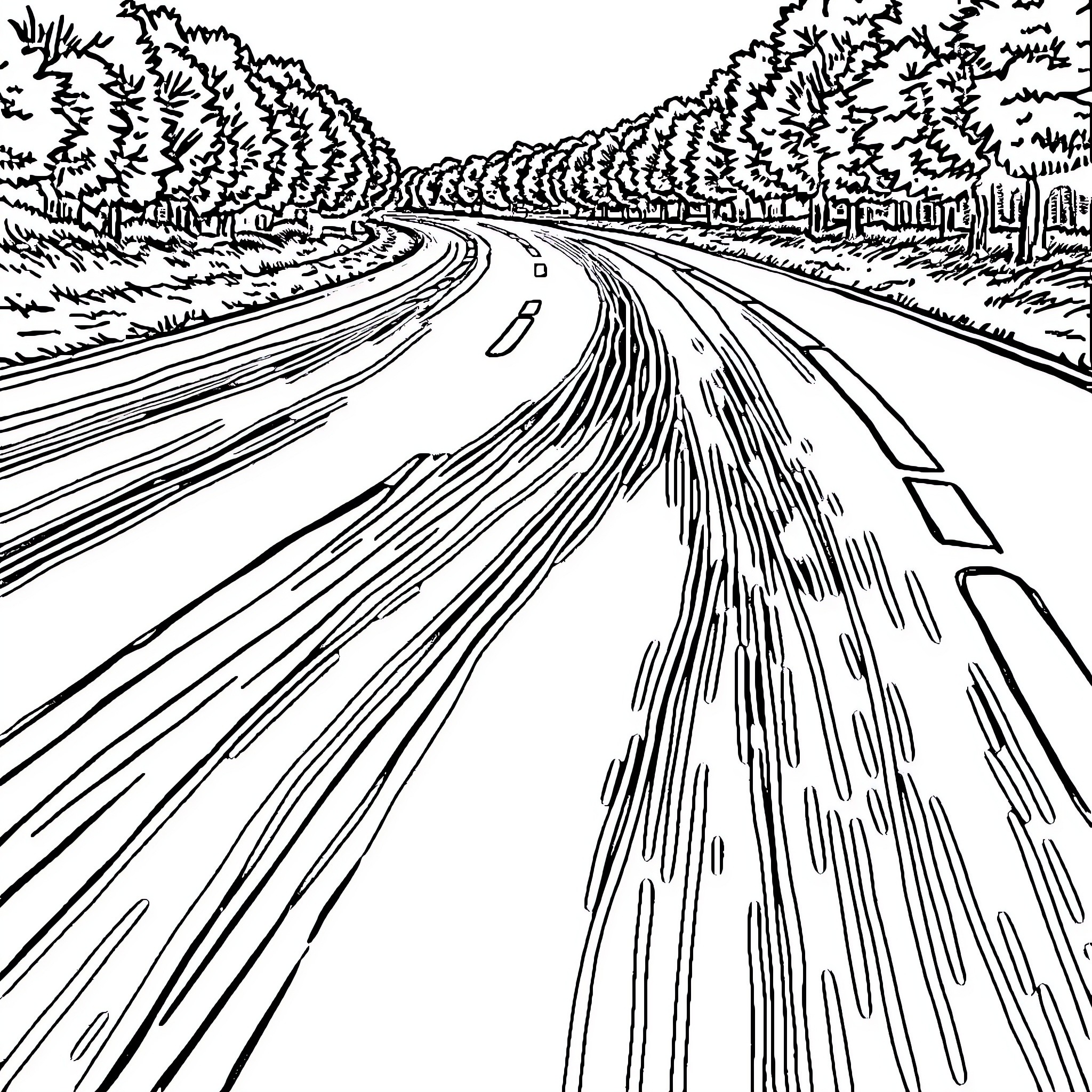 Tire tracks on winding road through forest Coloring Page (free black-and-white line drawing printable PDF for all, from beginners to advanced learners, including children, teens, adults, and seniors)