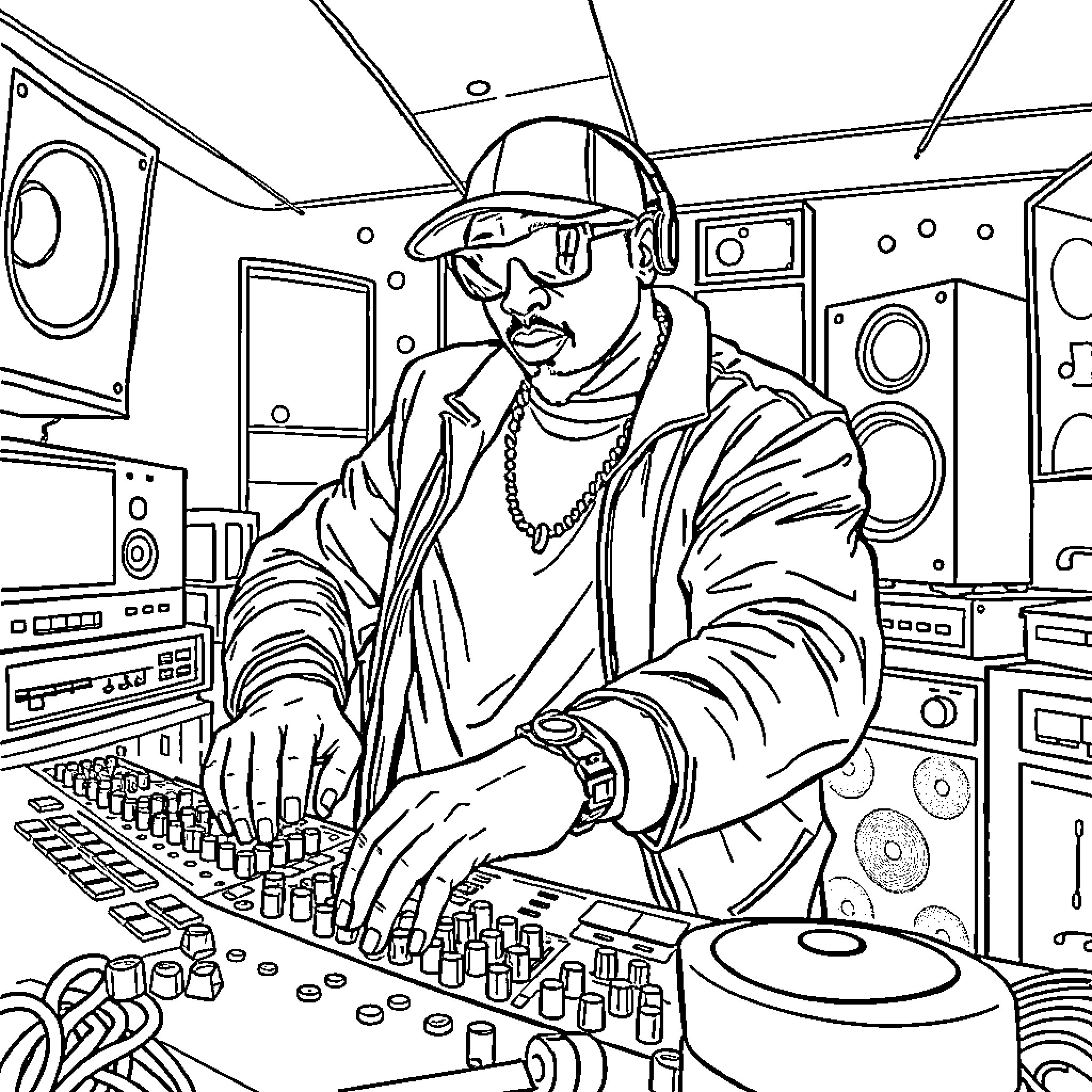 P Diddy mixing music in a recording studio Coloring Page (free black-and-white line drawing printable PDF for all, from beginners to advanced learners, including children, teens, adults, and seniors)