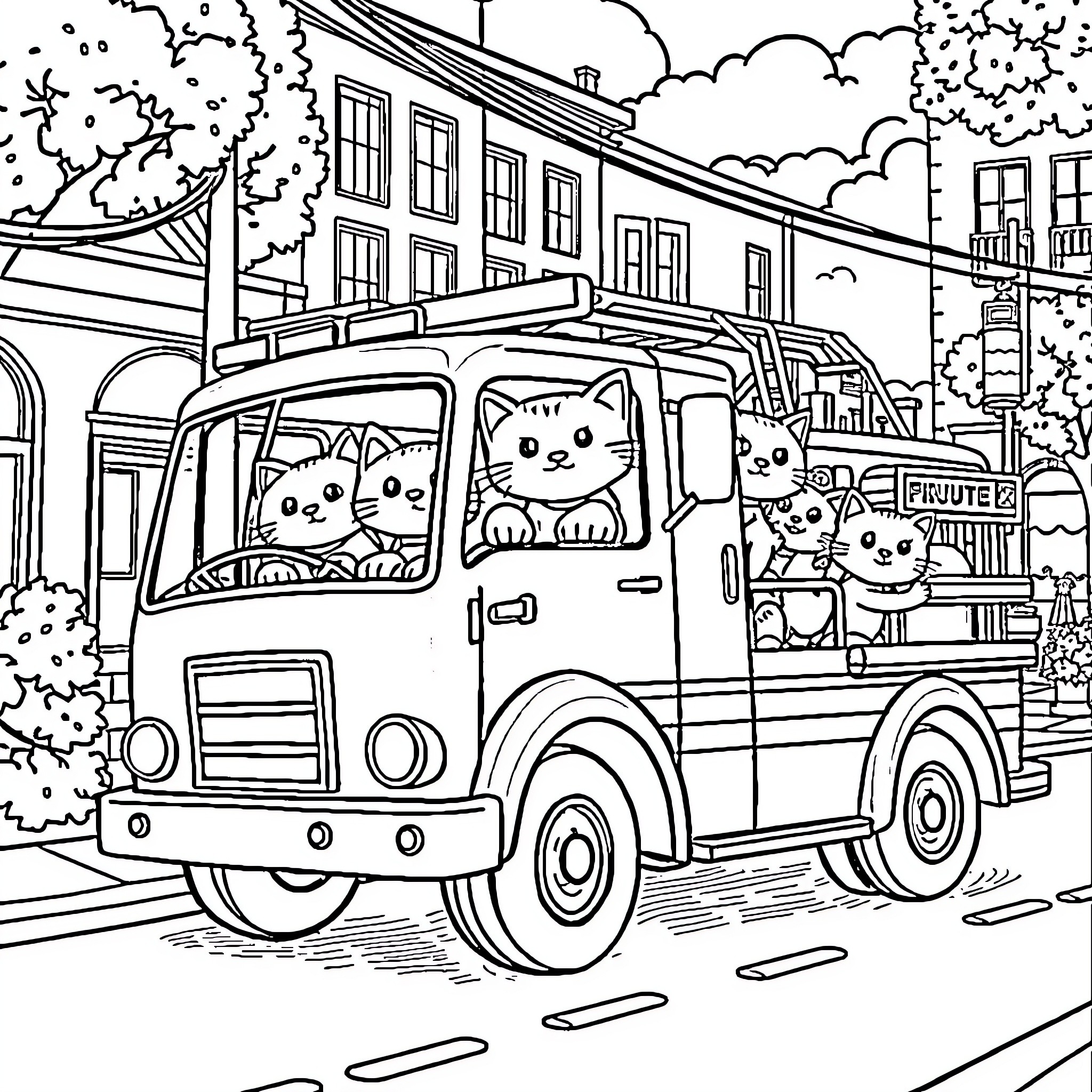 Cat Family on Delivery Truck in Town Coloring Page (free black-and-white line drawing printable PDF for all, from beginners to advanced learners, including children, teens, adults, and seniors)