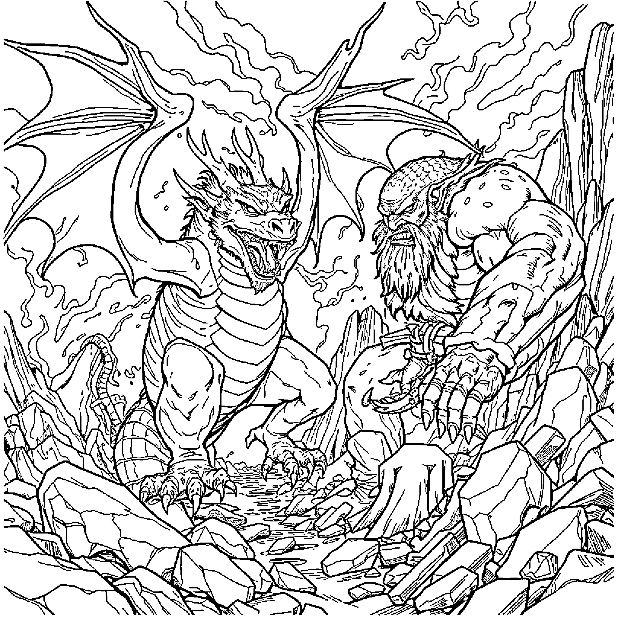 Dragon warrior battles fierce dragon in the mountains Coloring Page (free black-and-white line drawing printable PDF for all, from beginners to advanced learners, including children, teens, adults, and seniors)