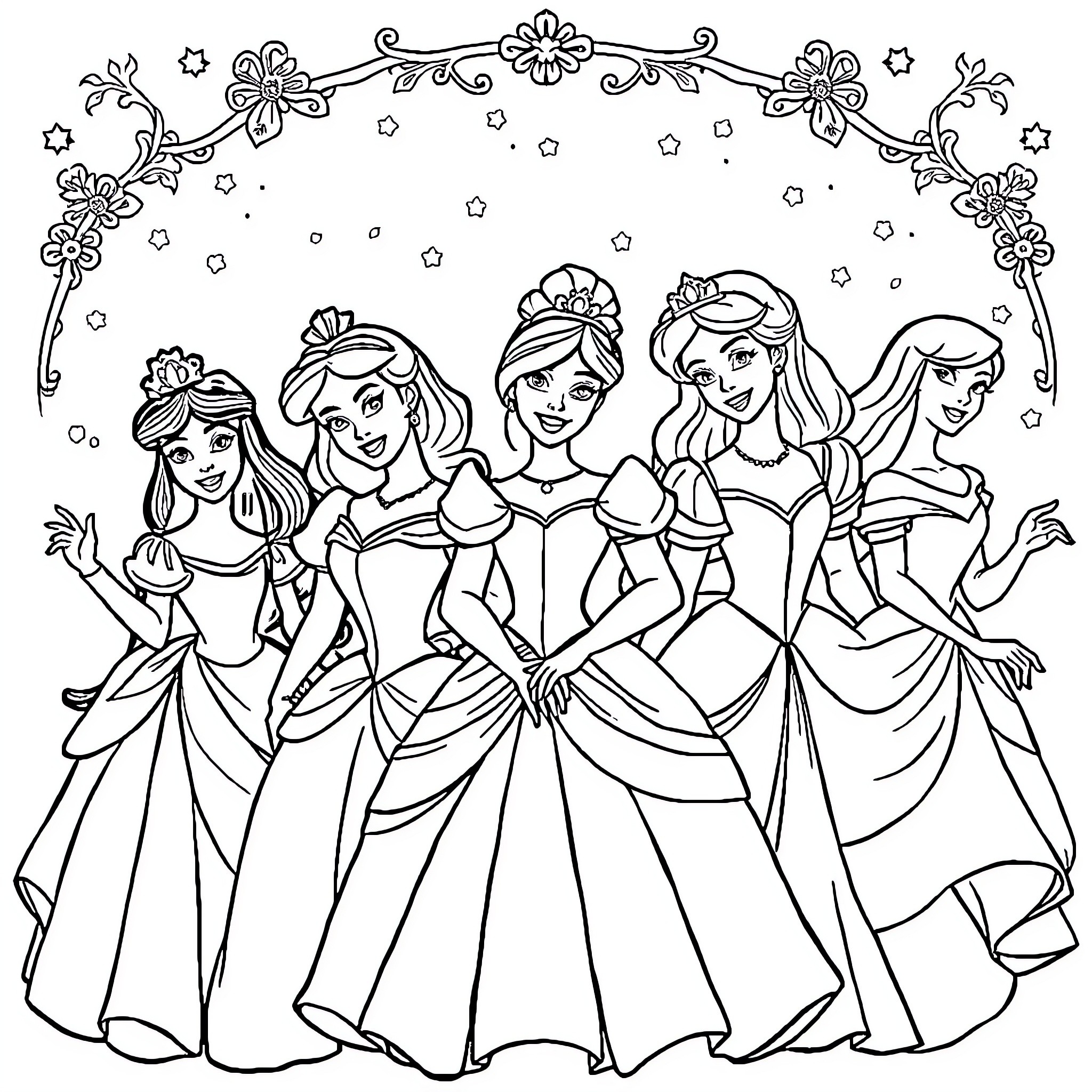 Disney Princesses in Elegant Gowns and Tiaras Coloring Page (free black-and-white line drawing printable PDF for all, from beginners to advanced learners, including children, teens, adults, and seniors)