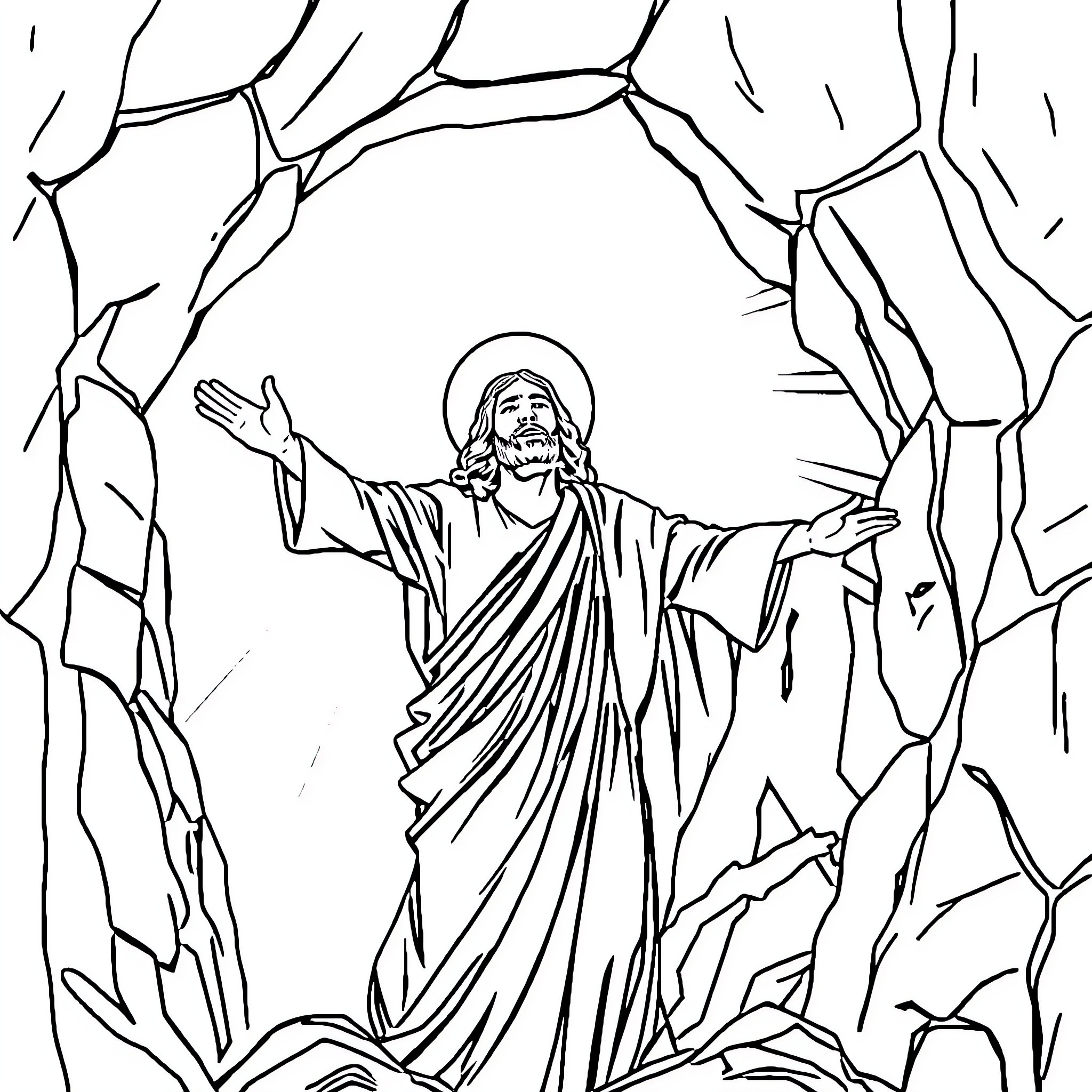 Jesus triumphantly emerging from the rocky tomb Coloring Page (free black-and-white line drawing printable PDF for all, from beginners to advanced learners, including children, teens, adults, and seniors)