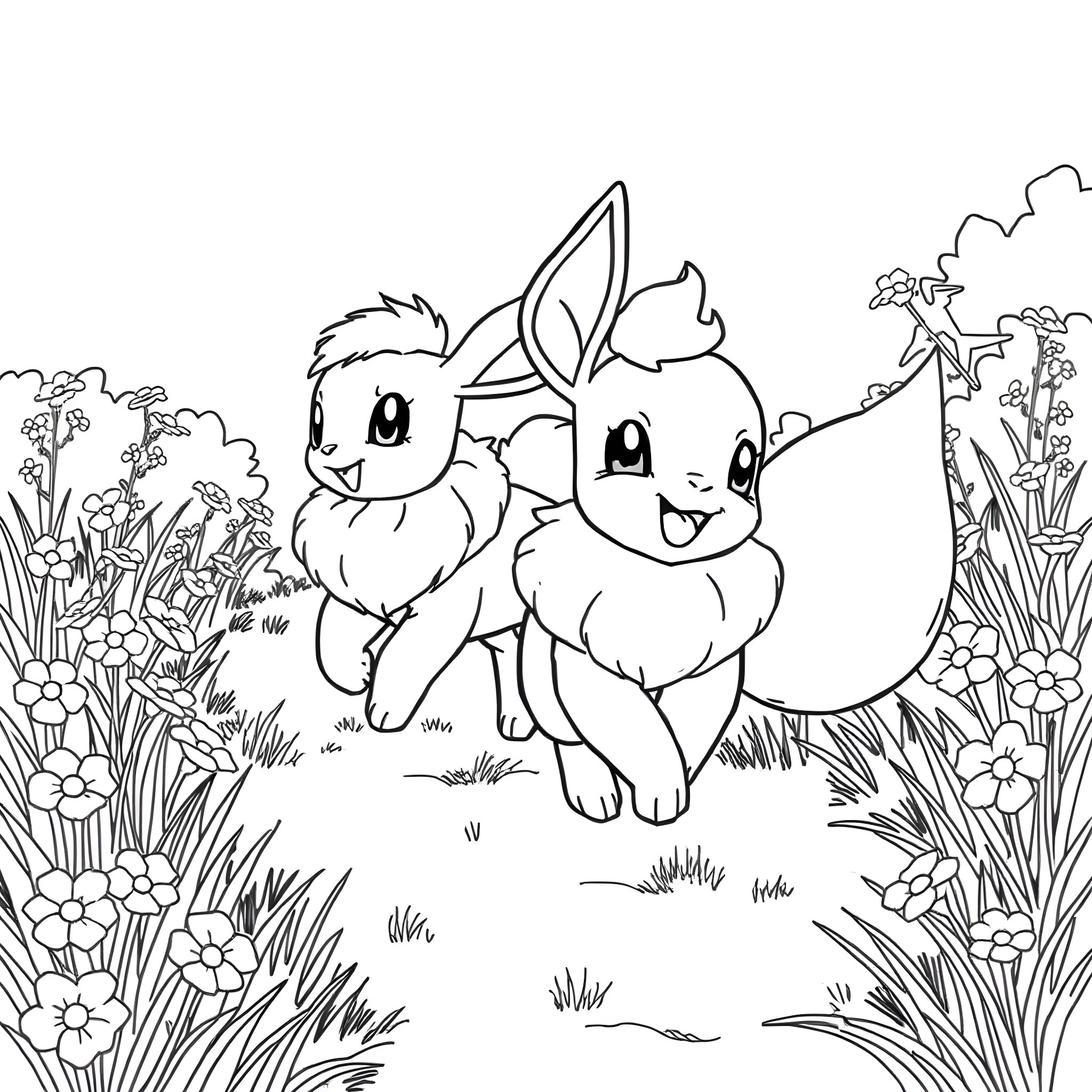 Eevee and Friends Frolicking in the Meadow Coloring Page (free black-and-white line drawing printable PDF for all, from beginners to advanced learners, including children, teens, adults, and seniors)