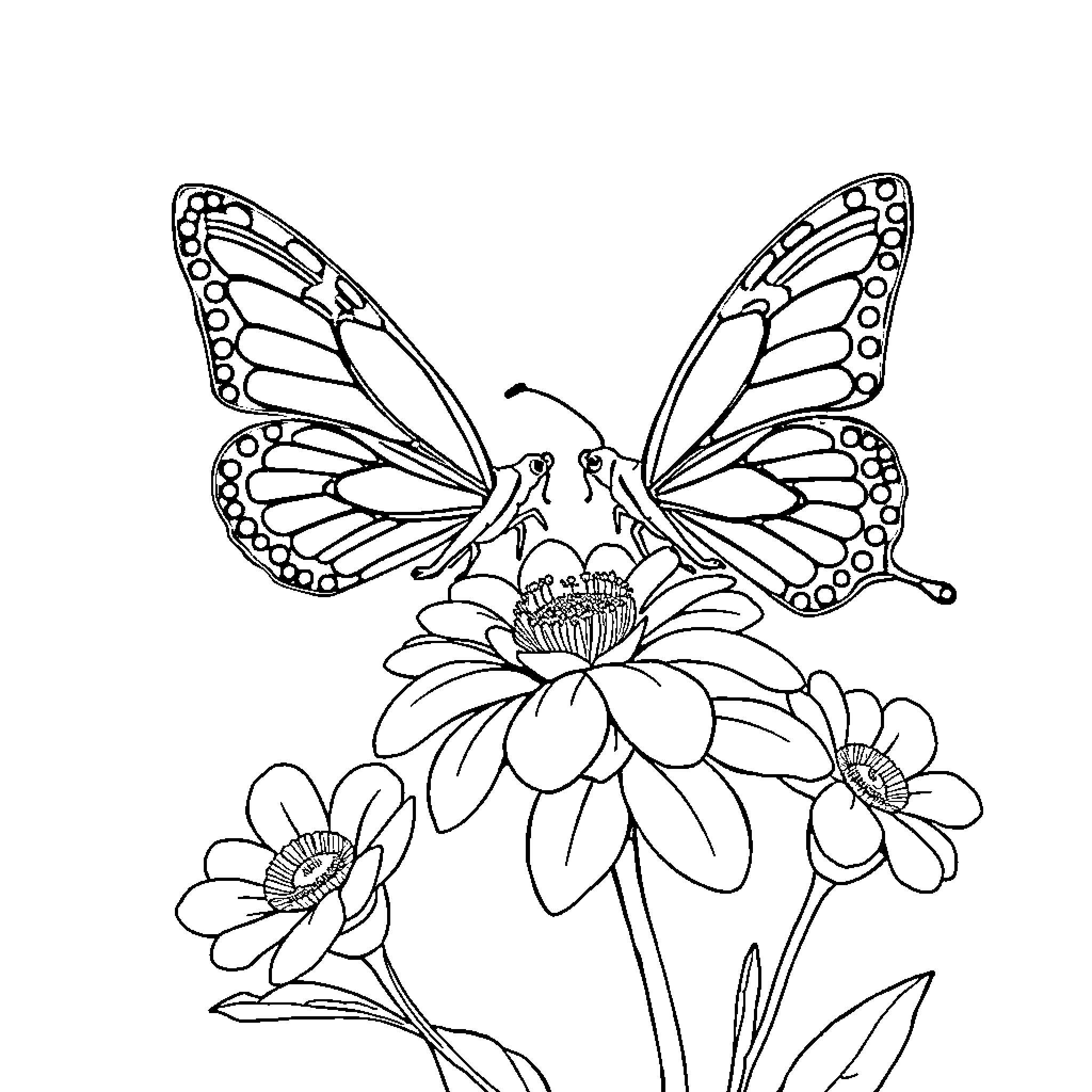 Butterfly resting gracefully on vibrant flowers Coloring Page (free black-and-white line drawing printable PDF for all, from beginners to advanced learners, including children, teens, adults, and seniors)