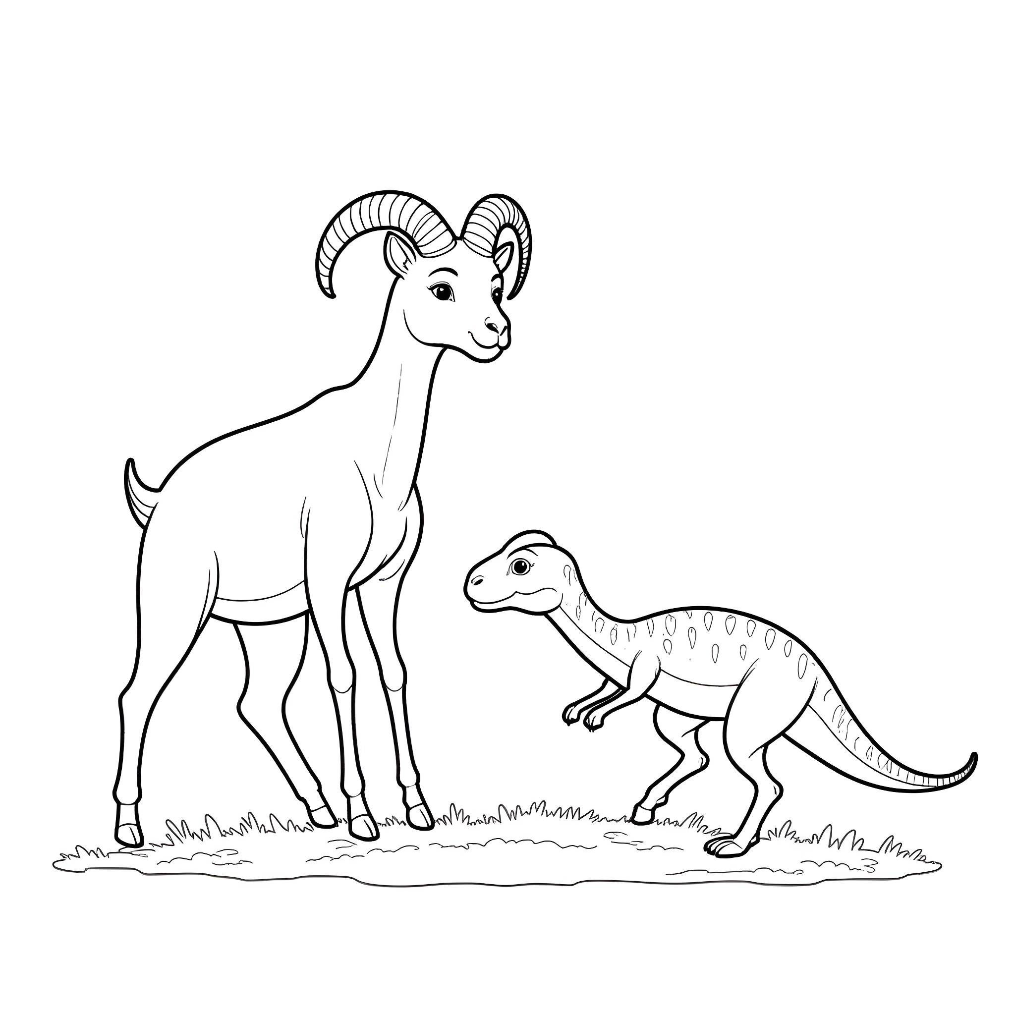 Ram and Dinosaur in a Playful Scene Coloring Page (free black-and-white line drawing printable PDF for all, from beginners to advanced learners, including children, teens, adults, and seniors)