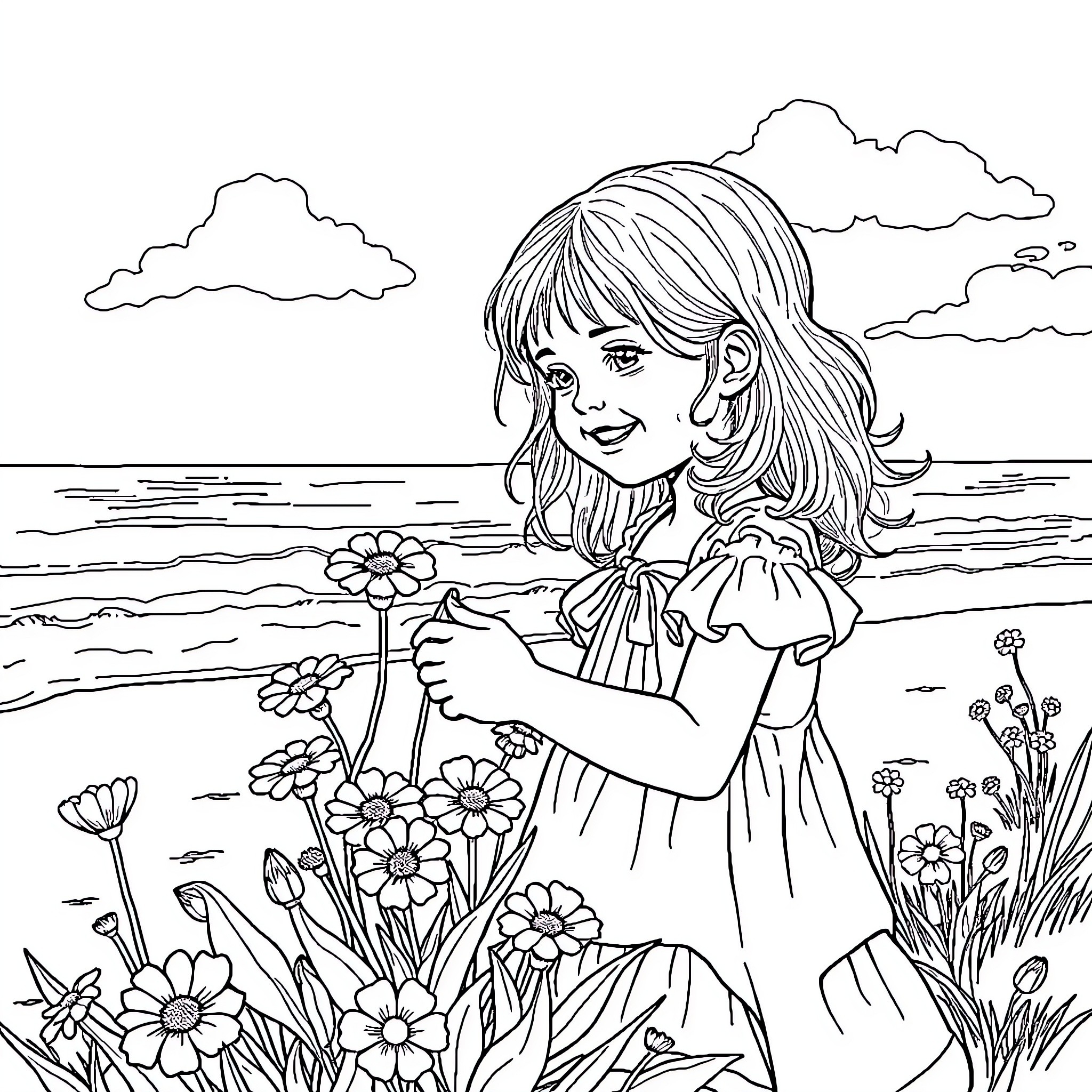 Daughter picking flowers by the lake Coloring Page (free black-and-white line drawing printable PDF for all, from beginners to advanced learners, including children, teens, adults, and seniors)