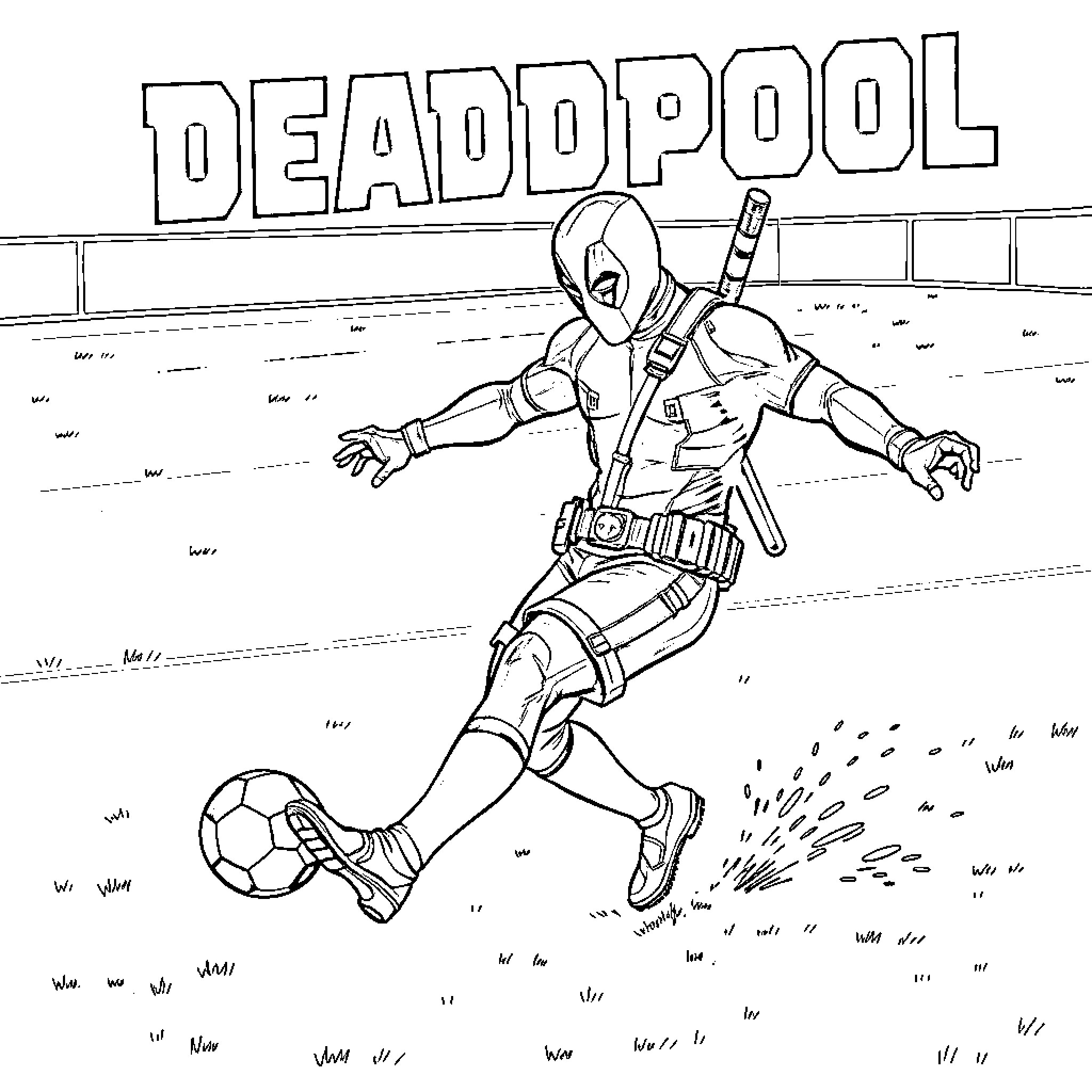 Deadpool playing soccer with his signature weapon Coloring Page (free black-and-white line drawing printable PDF for all, from beginners to advanced learners, including children, teens, adults, and seniors)