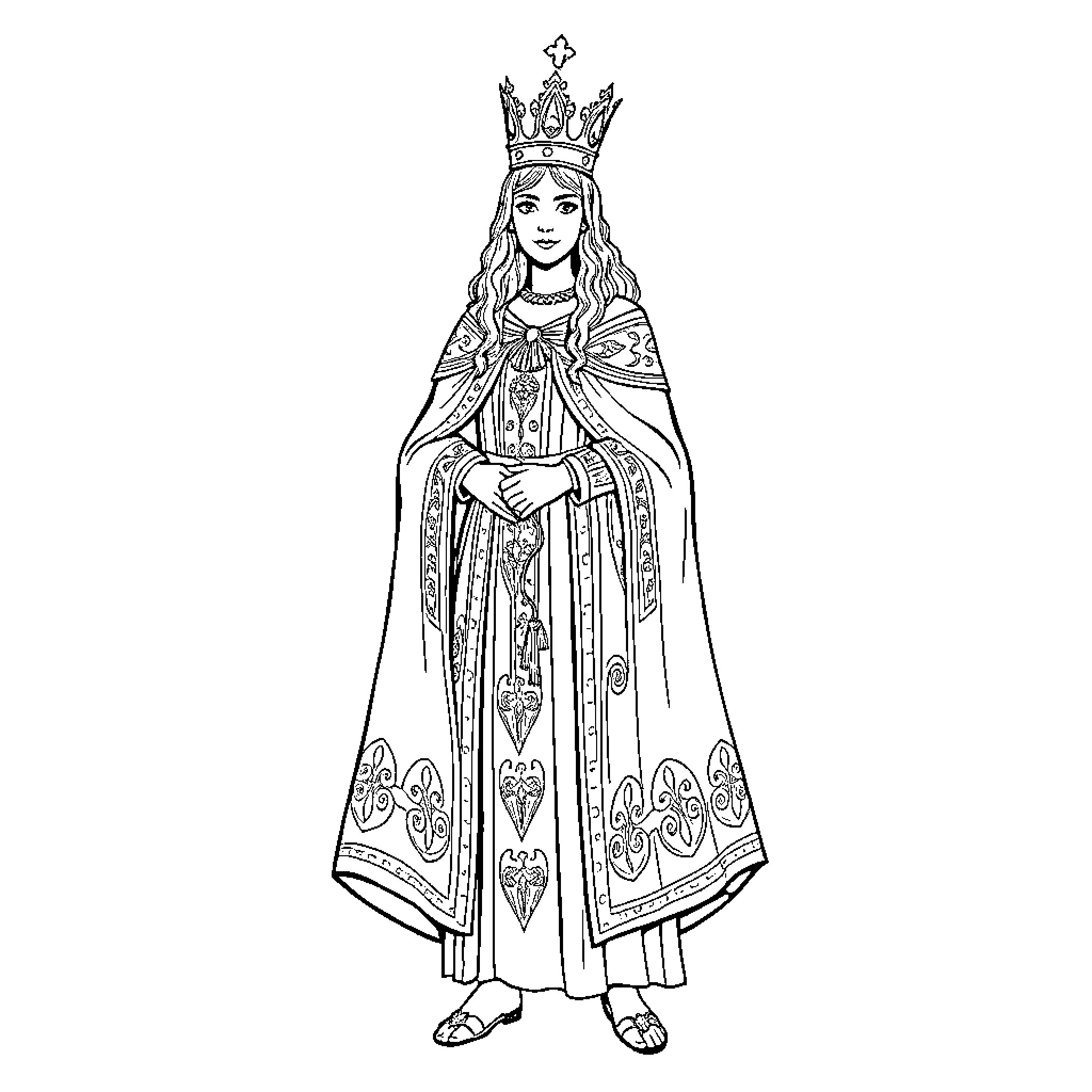 Catherine, the Regal Lady in Ornate Attire Coloring Page (free black-and-white line drawing printable PDF for all, from beginners to advanced learners, including children, teens, adults, and seniors)