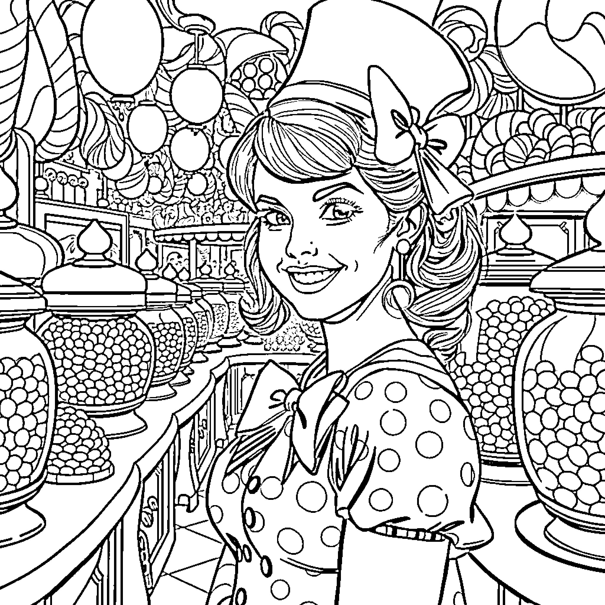 Pinup Girl in a Delightful Candy Wonderland Coloring Page (free black-and-white line drawing printable PDF for all, from beginners to advanced learners, including children, teens, adults, and seniors)