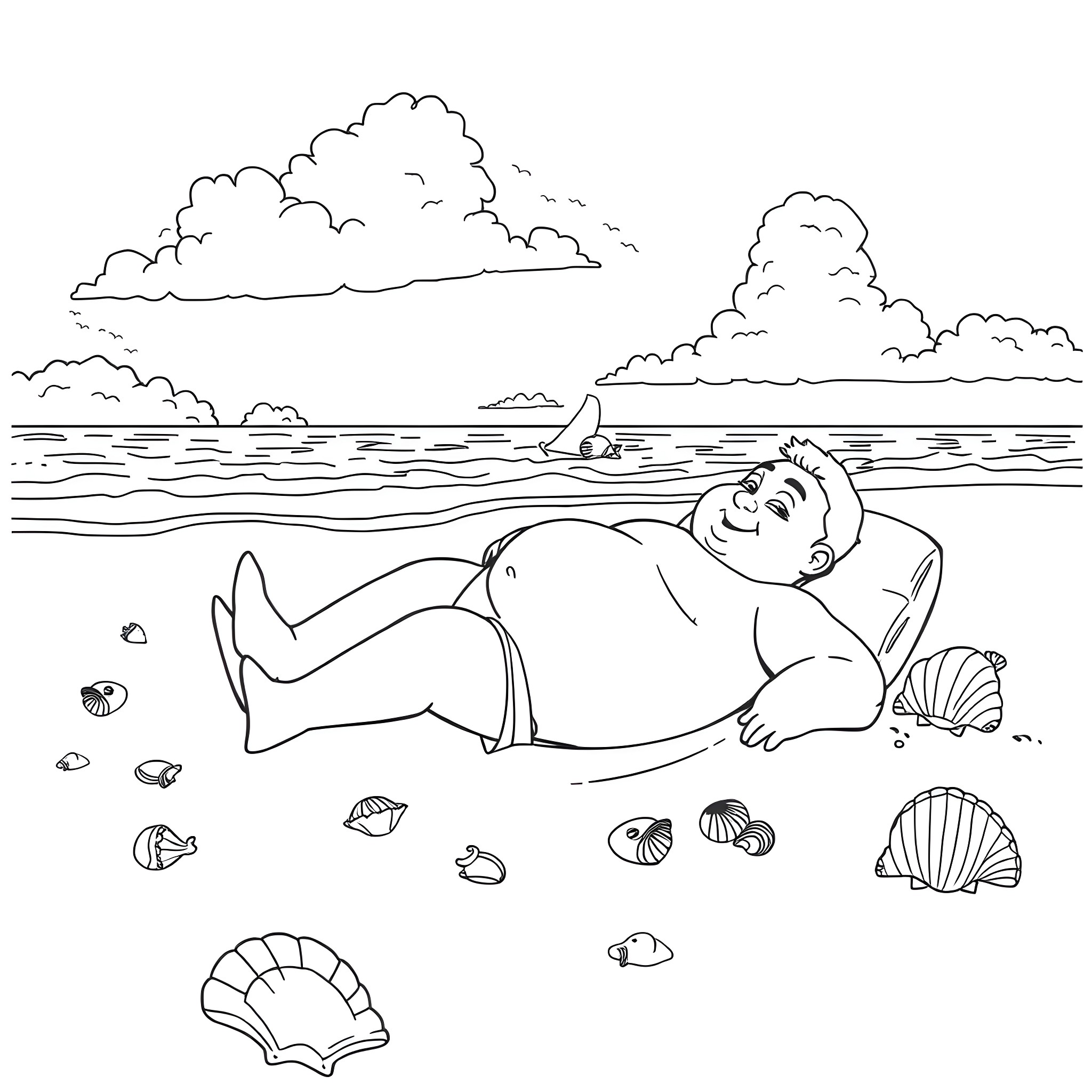 Man relaxing on the beach amid seashells Coloring Page (free black-and-white line drawing printable PDF for all, from beginners to advanced learners, including children, teens, adults, and seniors)