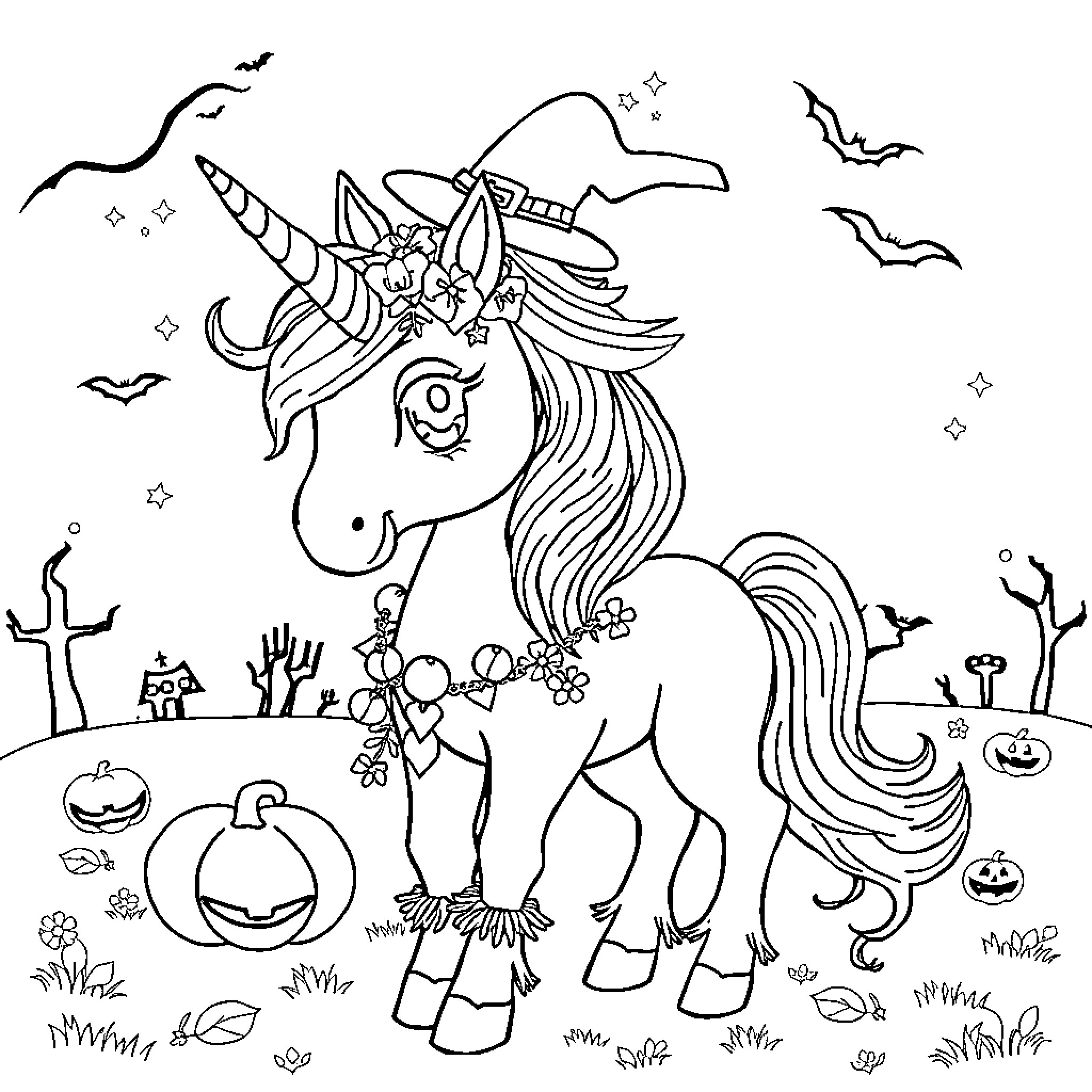Unicorn Enjoying a Spooky Halloween Celebration Coloring Page (free black-and-white line drawing printable PDF for all, from beginners to advanced learners, including children, teens, adults, and seniors)