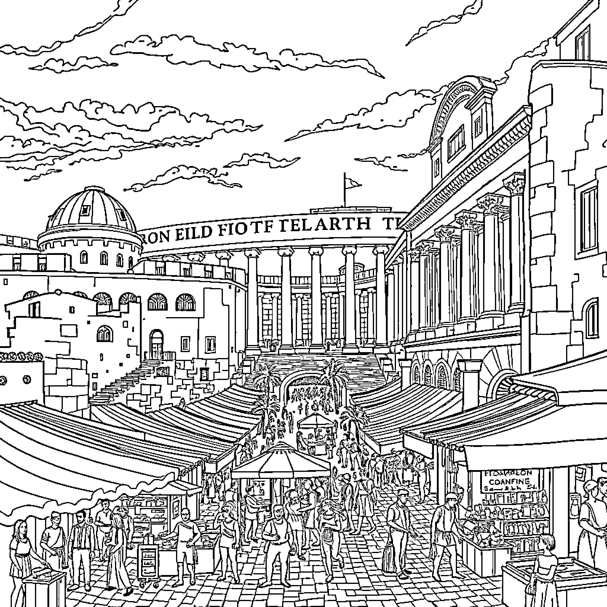 Rome in a bustling marketplace scene Coloring Page (free black-and-white line drawing printable PDF for all, from beginners to advanced learners, including children, teens, adults, and seniors)