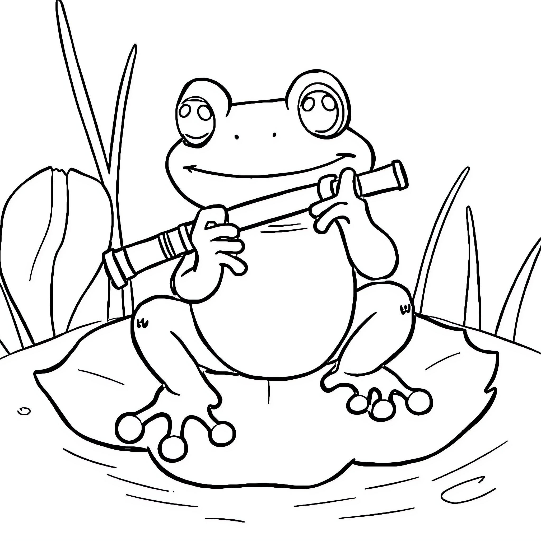 Frog happily playing with a telescope Coloring Page (free black-and-white line drawing printable PDF for all, from beginners to advanced learners, including children, teens, adults, and seniors)