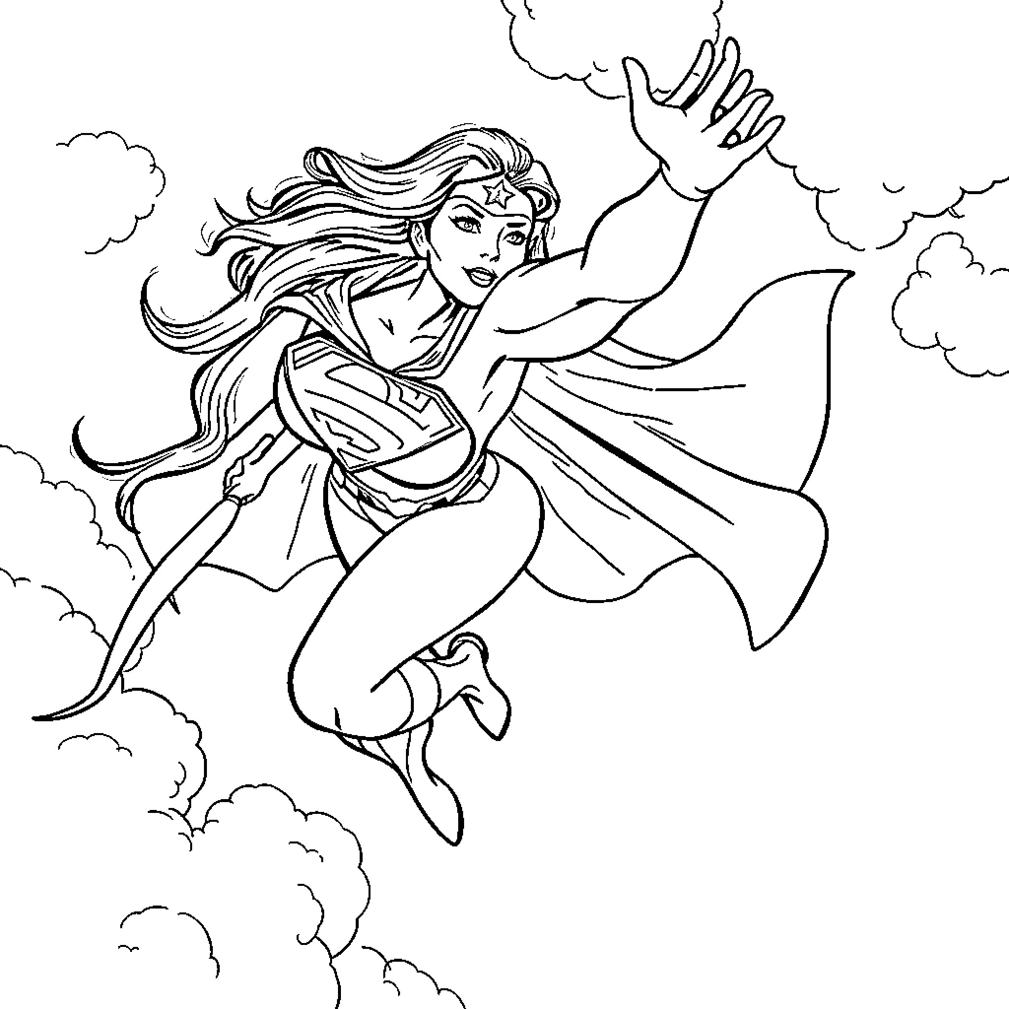 Superwoman soaring through the clouds with heroic pose Coloring Page (free black-and-white line drawing printable PDF for all, from beginners to advanced learners, including children, teens, adults, and seniors)