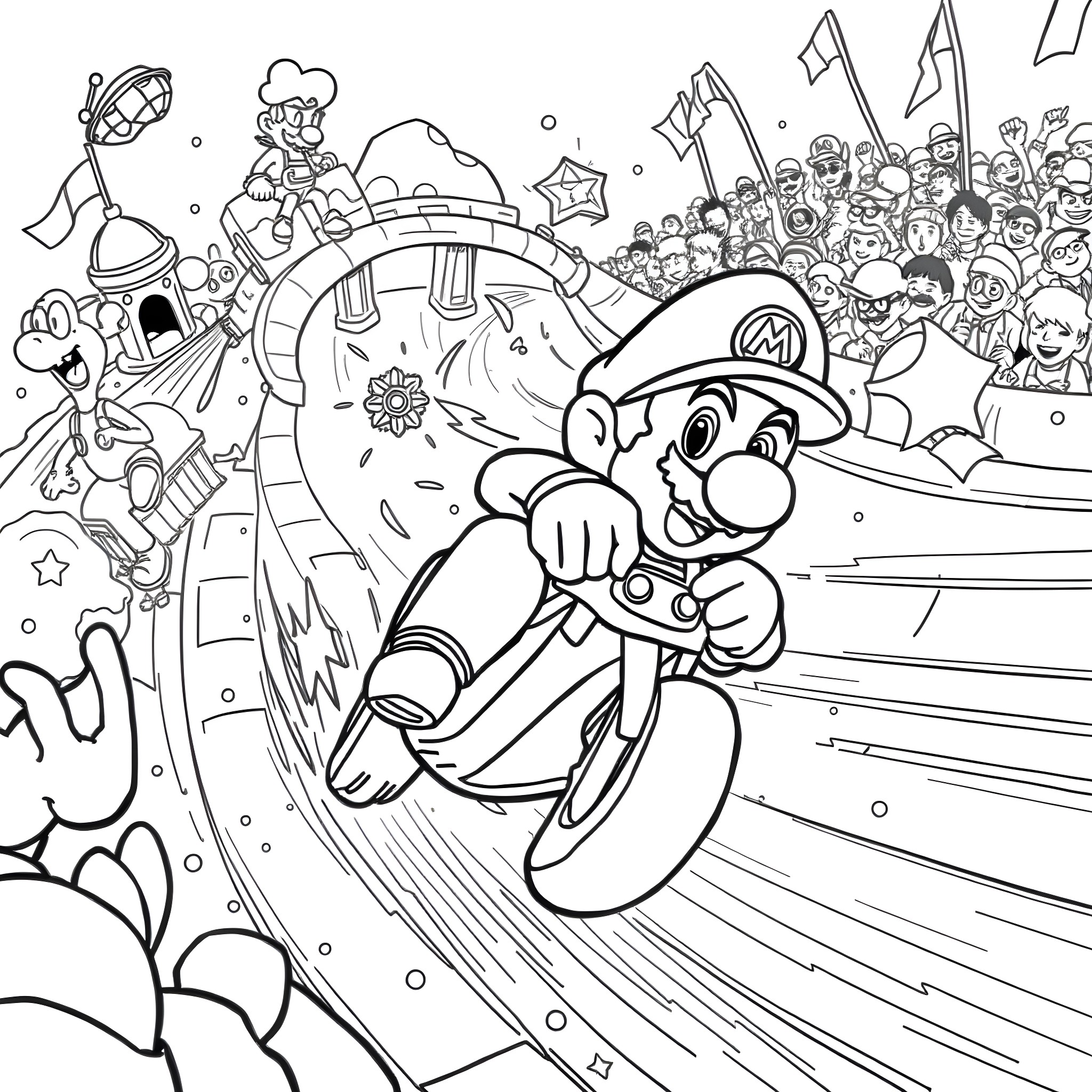 Mario's Chaotic Adventure in a Fantastical World Coloring Page (free black-and-white line drawing printable PDF for all, from beginners to advanced learners, including children, teens, adults, and seniors)