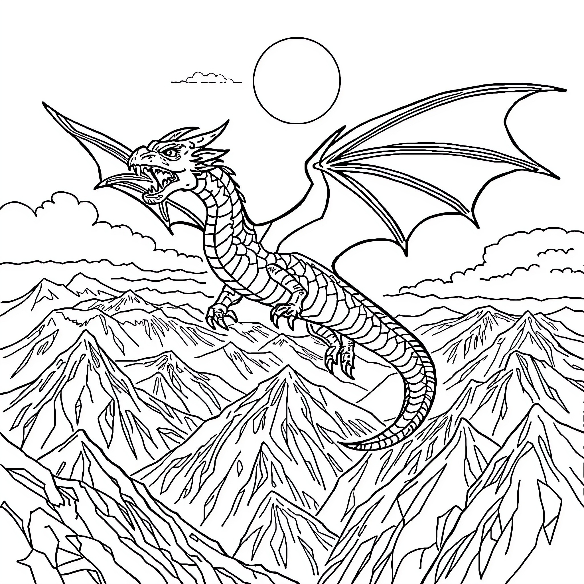 Dragon soaring majestically over rugged mountains Coloring Page (free black-and-white line drawing printable PDF for all, from beginners to advanced learners, including children, teens, adults, and seniors)