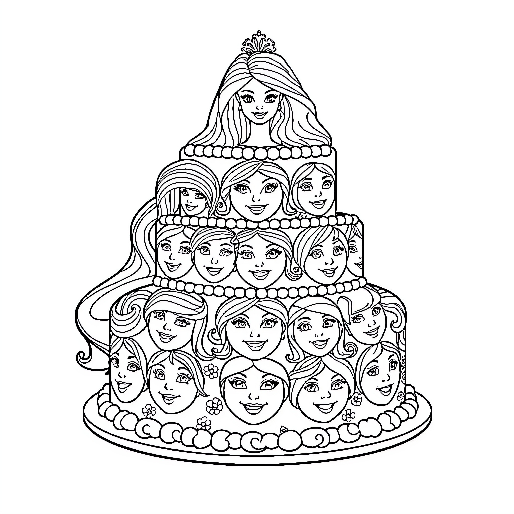 Barbie's Tiered Cake of Smiling Faces Coloring Page (free black-and-white line drawing printable PDF for all, from beginners to advanced learners, including children, teens, adults, and seniors)