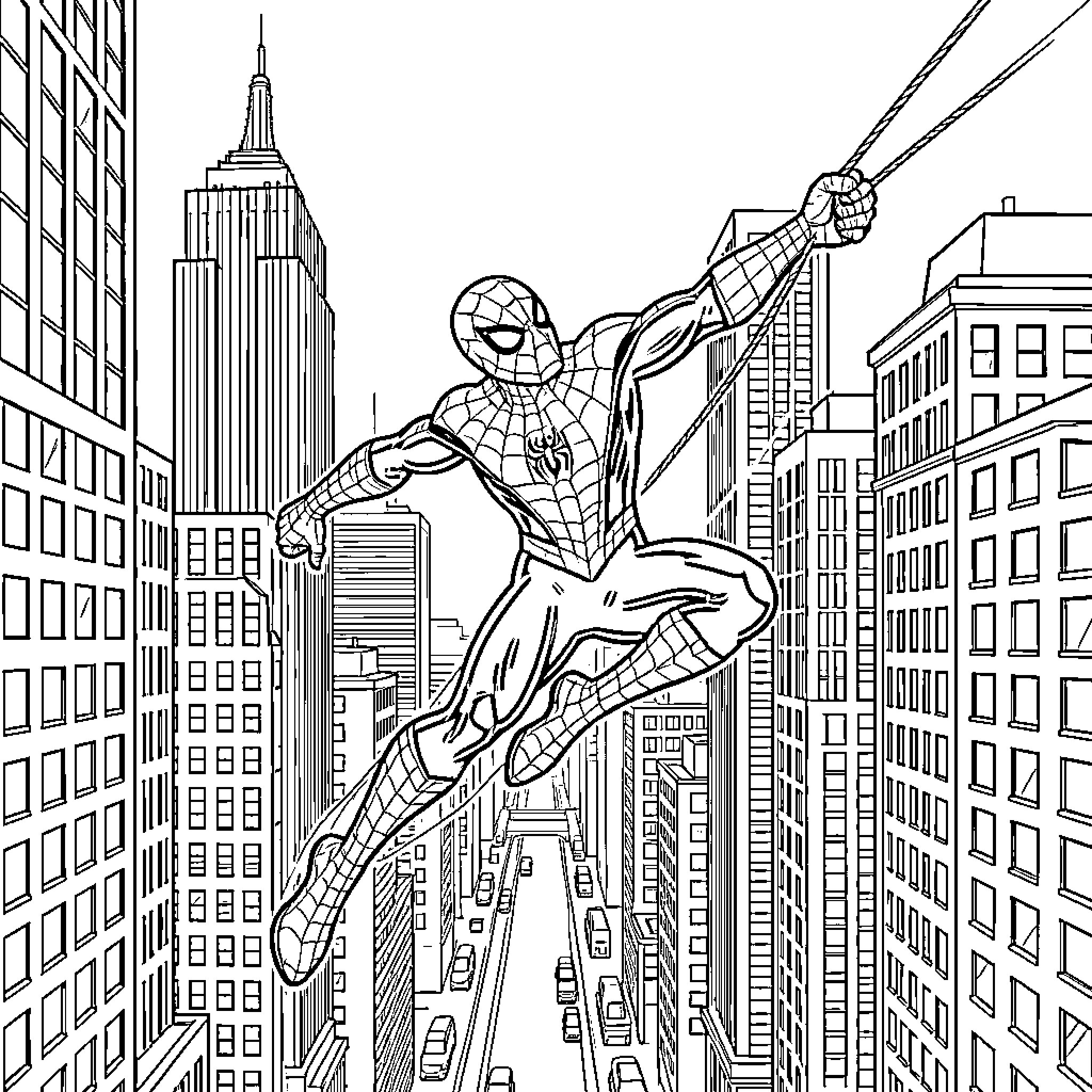 Spiderman swinging through the tall city buildings Coloring Page (free black-and-white line drawing printable PDF for all, from beginners to advanced learners, including children, teens, adults, and seniors)