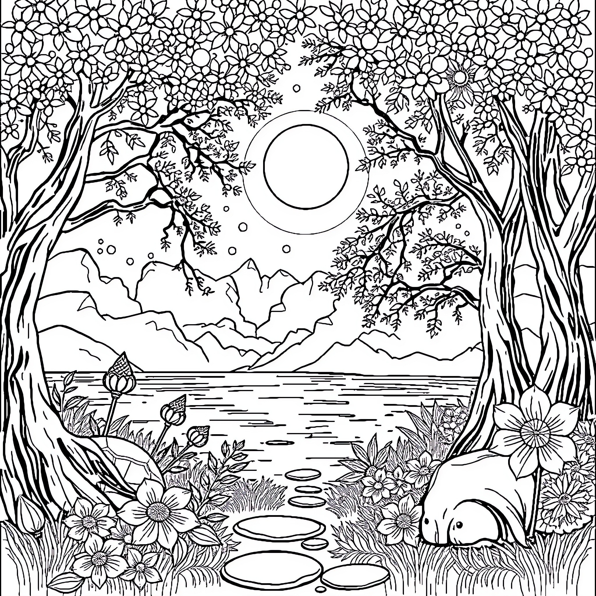 Nirvana: Serene Nature Landscape with Moon and Flora Coloring Page (free black-and-white line drawing printable PDF for all, from beginners to advanced learners, including children, teens, adults, and seniors)