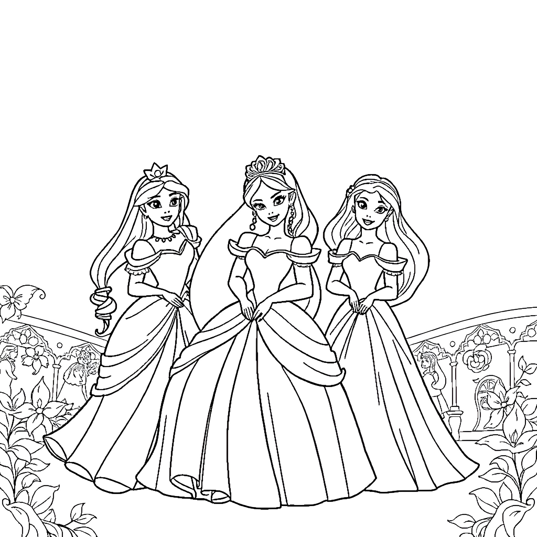 Princess Trio Posing in Elegant Dresses Coloring Page (free black-and-white line drawing printable PDF for all, from beginners to advanced learners, including children, teens, adults, and seniors)