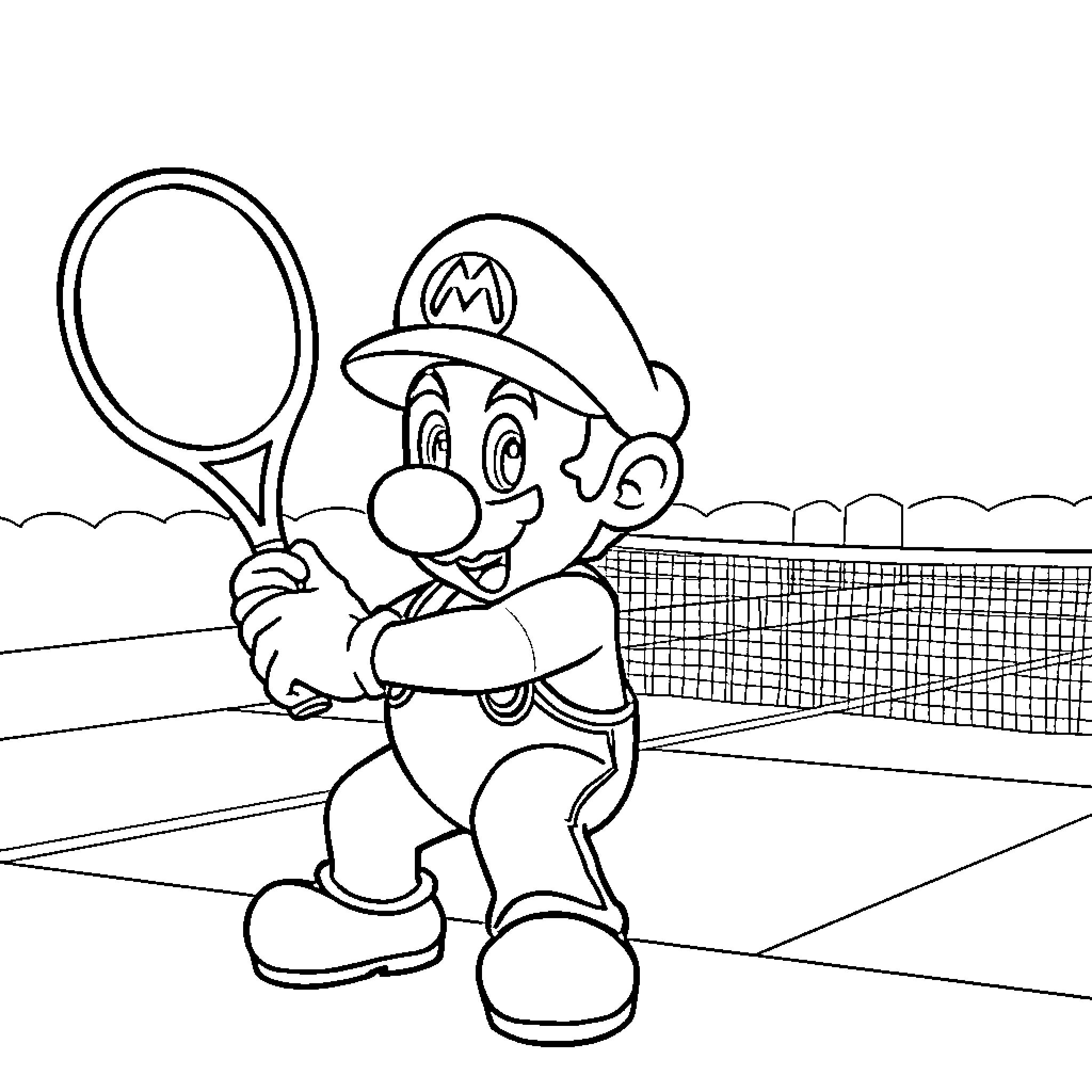 Super Mario Playing Tennis on the Court Coloring Page (free black-and-white line drawing printable PDF for all, from beginners to advanced learners, including children, teens, adults, and seniors)
