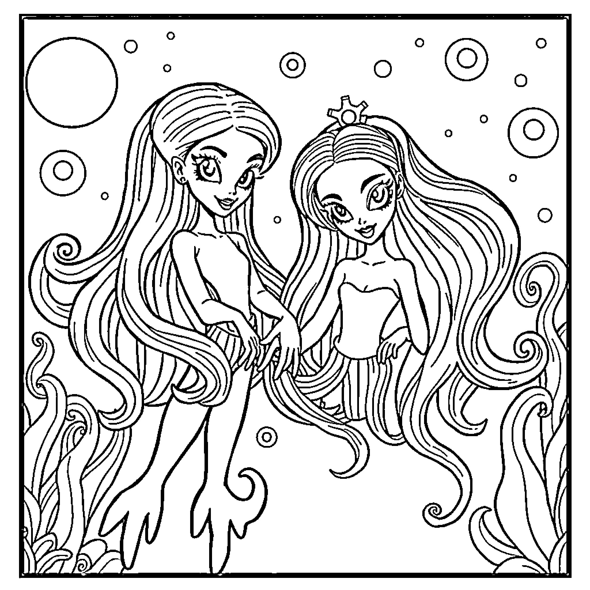 Squid Game Players in Underwater Dreamscape Coloring Page (free black-and-white line drawing printable PDF for all, from beginners to advanced learners, including children, teens, adults, and seniors)