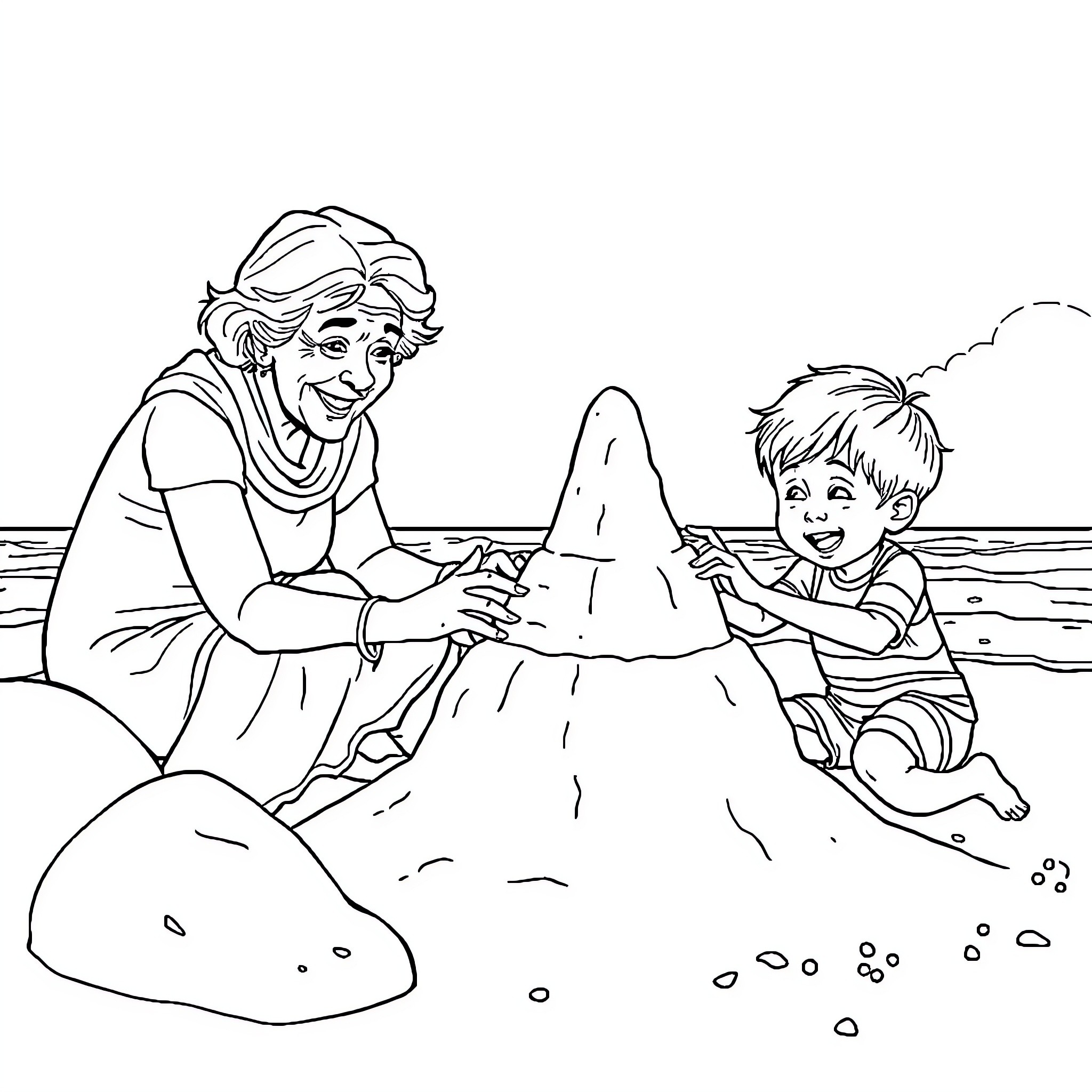 Lady and Child Playing on the Beach Coloring Page (free black-and-white line drawing printable PDF for all, from beginners to advanced learners, including children, teens, adults, and seniors)