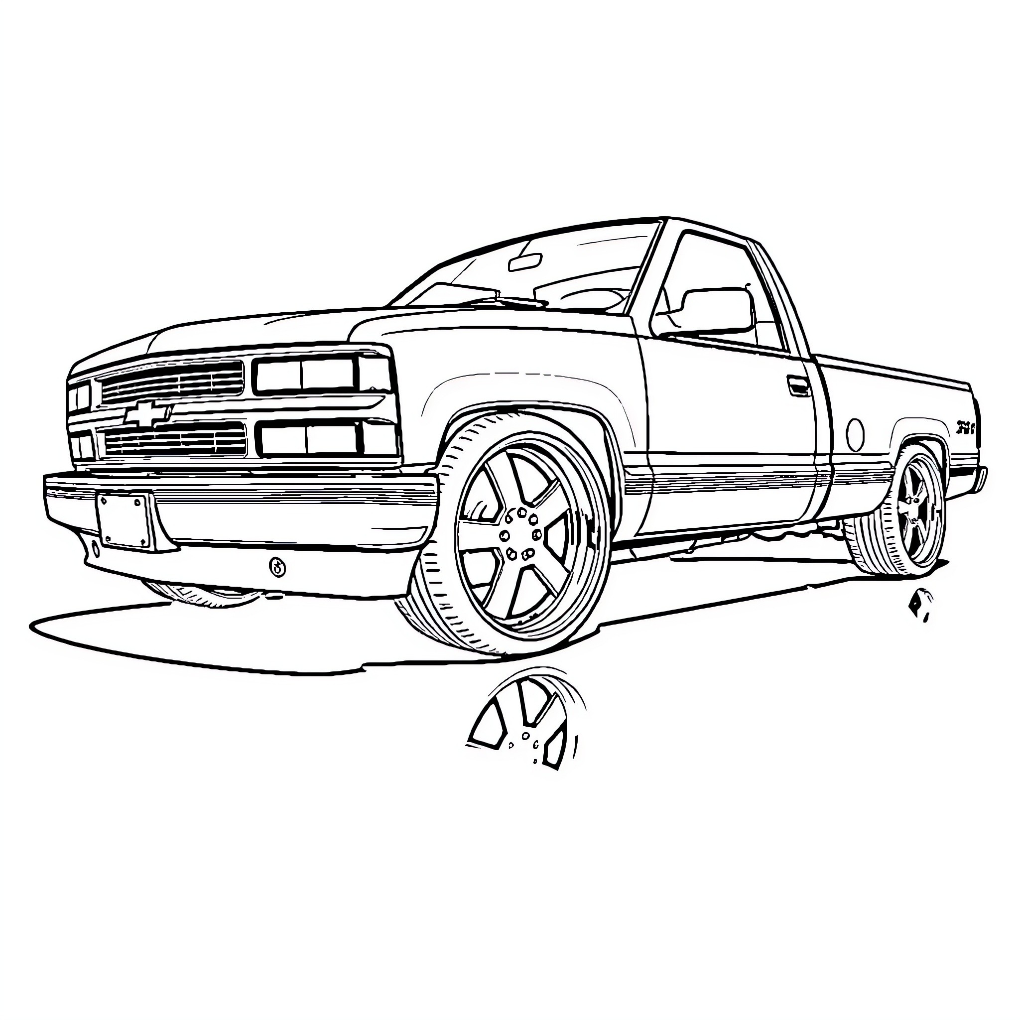 Chevy truck in bold stance on city street Coloring Page (free black-and-white line drawing printable PDF for all, from beginners to advanced learners, including children, teens, adults, and seniors)