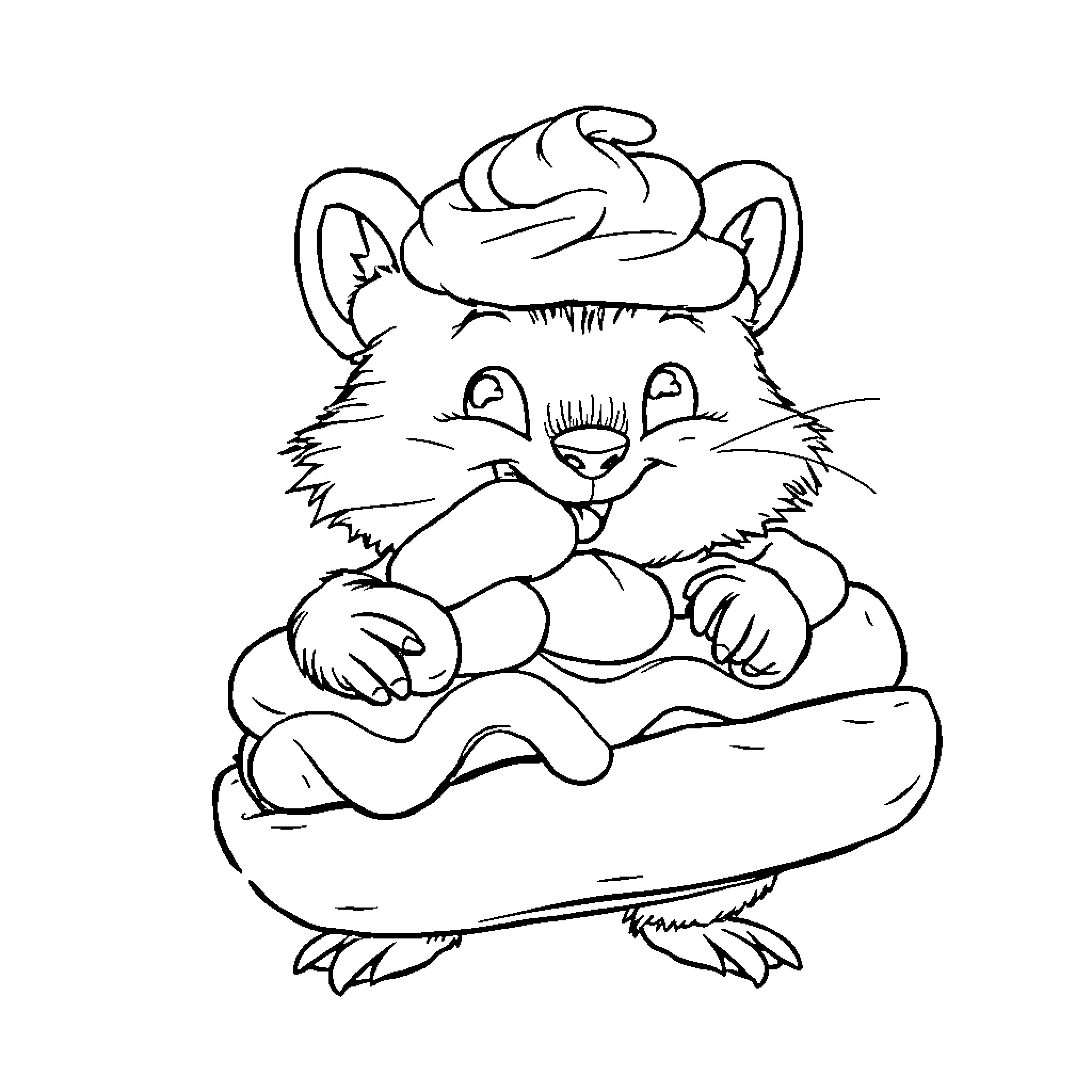 Stinker hamster savoring a yummy treat Coloring Page (free black-and-white line drawing printable PDF for all, from beginners to advanced learners, including children, teens, adults, and seniors)