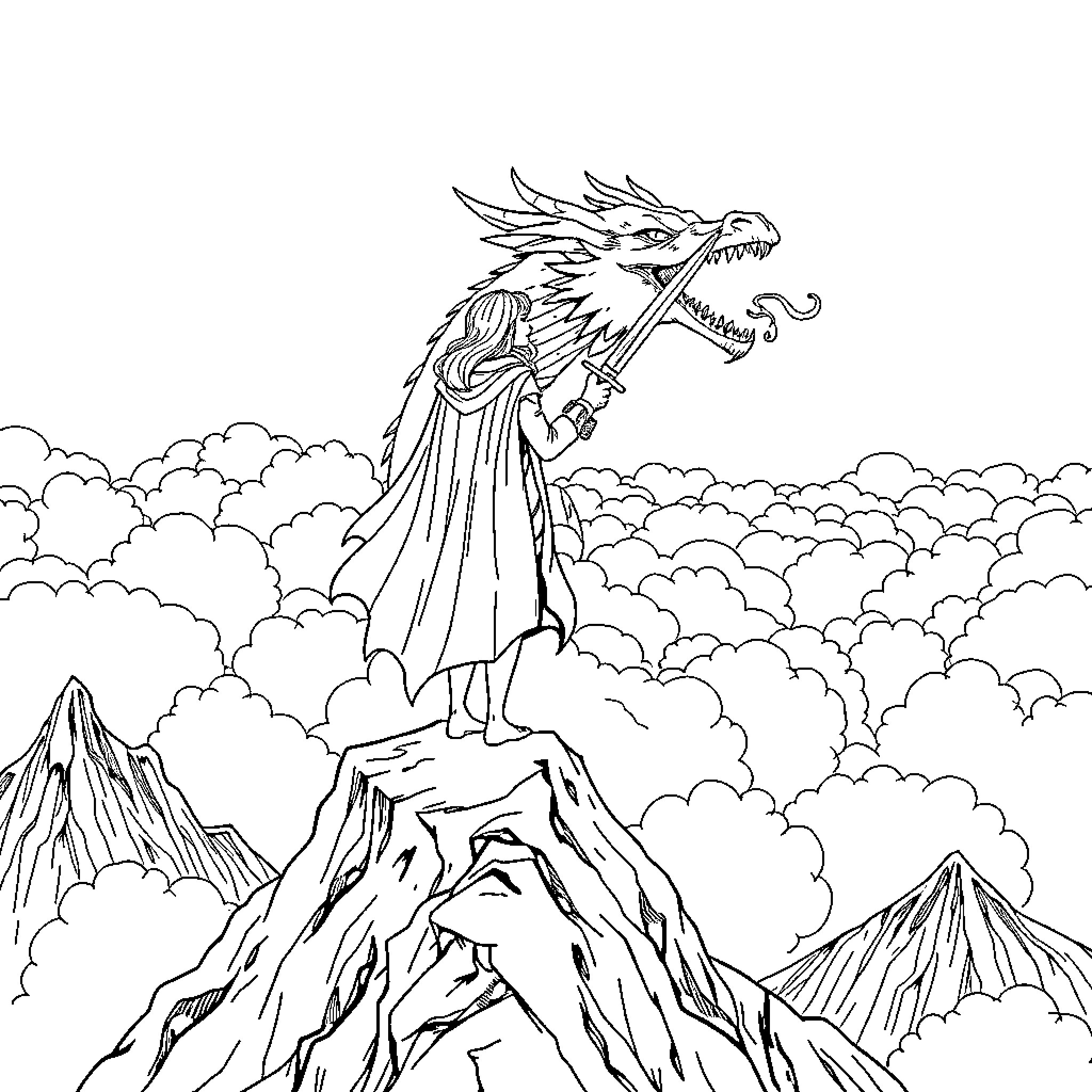 Woman riding a majestic dragon over the clouds Coloring Page (free black-and-white line drawing printable PDF for all, from beginners to advanced learners, including children, teens, adults, and seniors)