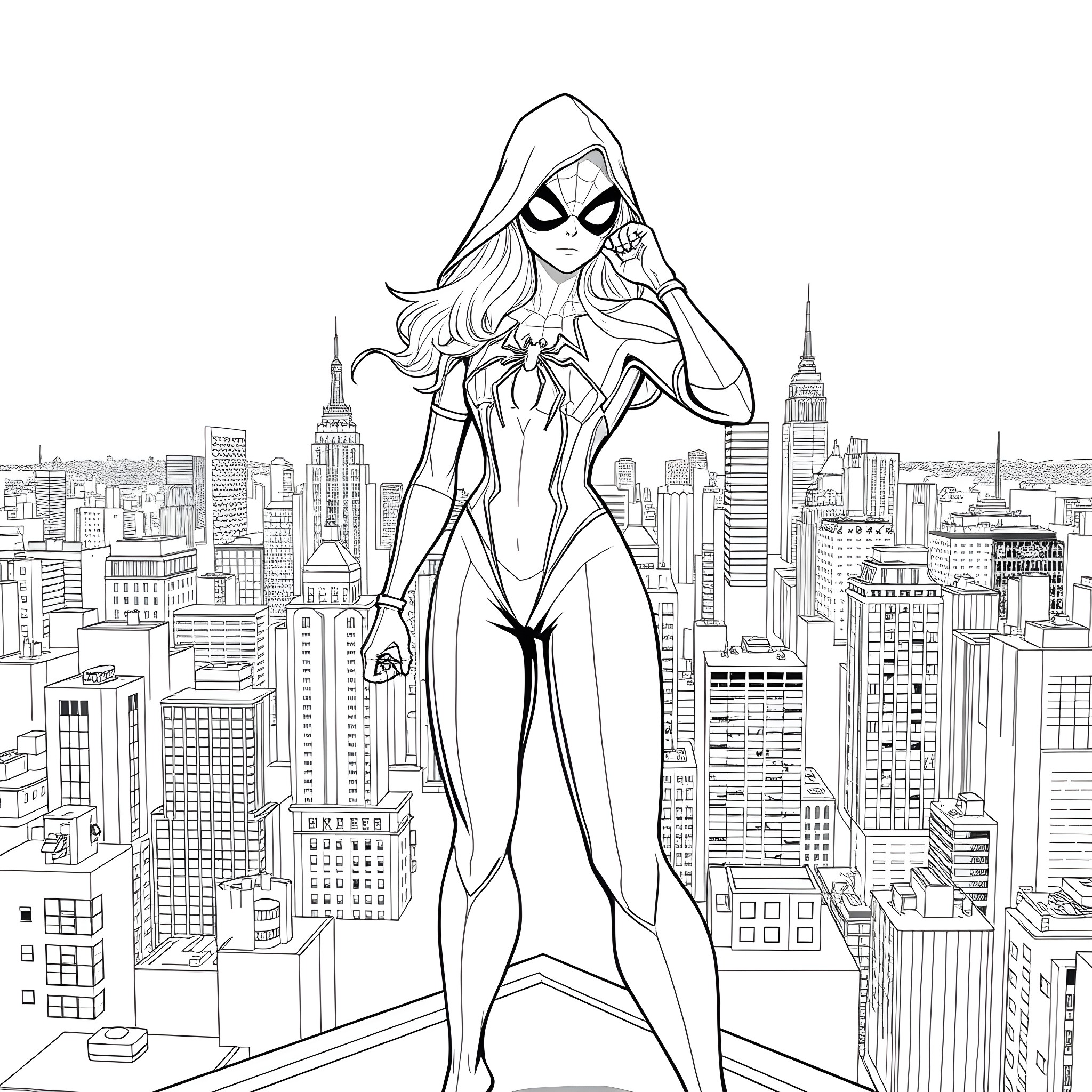 Gwen Stacy, the Superhero Heroine in Action Coloring Page (free black-and-white line drawing printable PDF for all, from beginners to advanced learners, including children, teens, adults, and seniors)