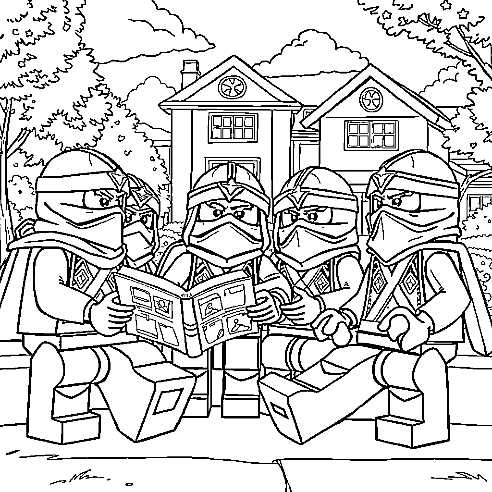 Ninja warriors reading a book in front of a house Coloring Page (free black-and-white line drawing printable PDF for all, from beginners to advanced learners, including children, teens, adults, and seniors)