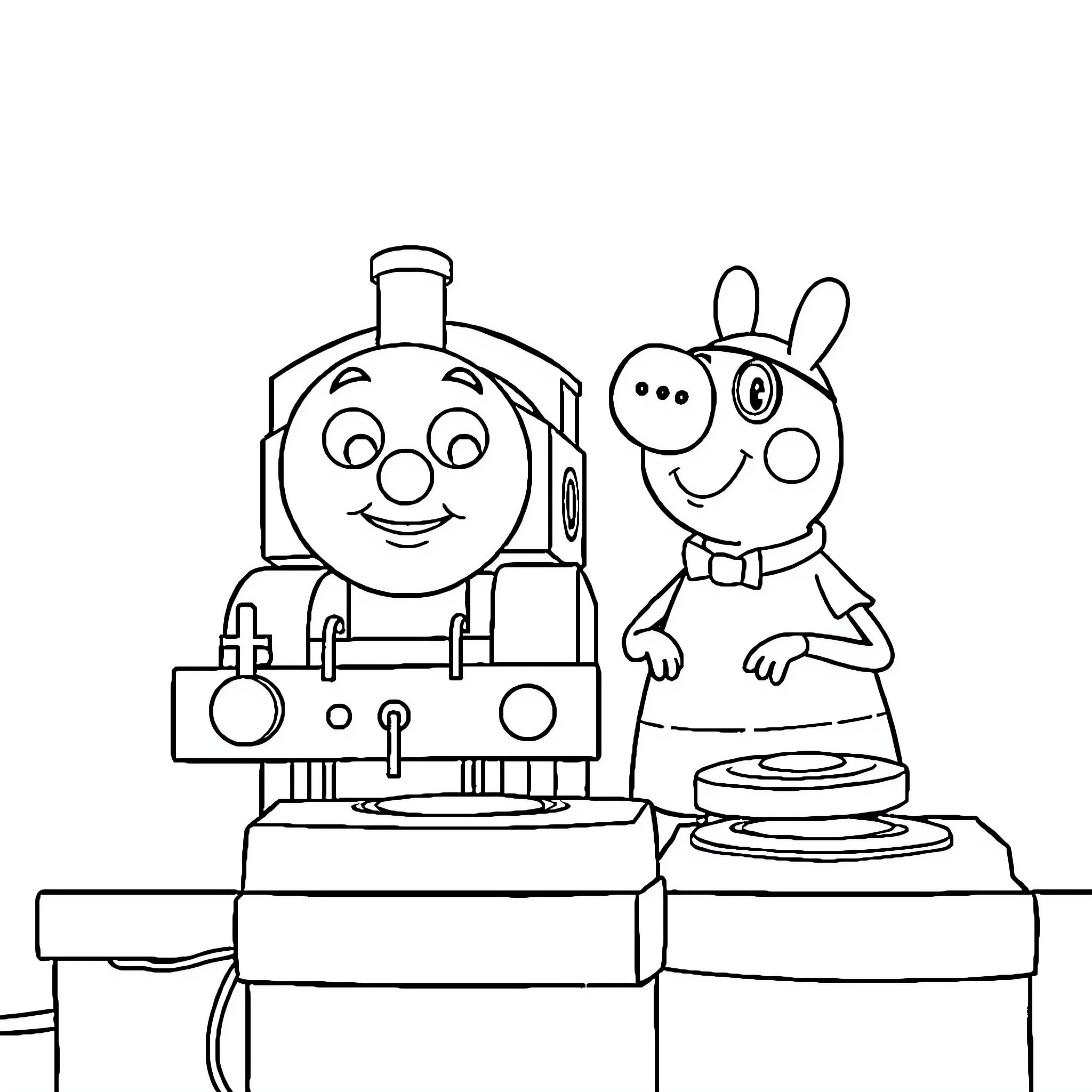 Tom Thomas and friends in a cheerful, playful scene Coloring Page (free black-and-white line drawing printable PDF for all, from beginners to advanced learners, including children, teens, adults, and seniors)