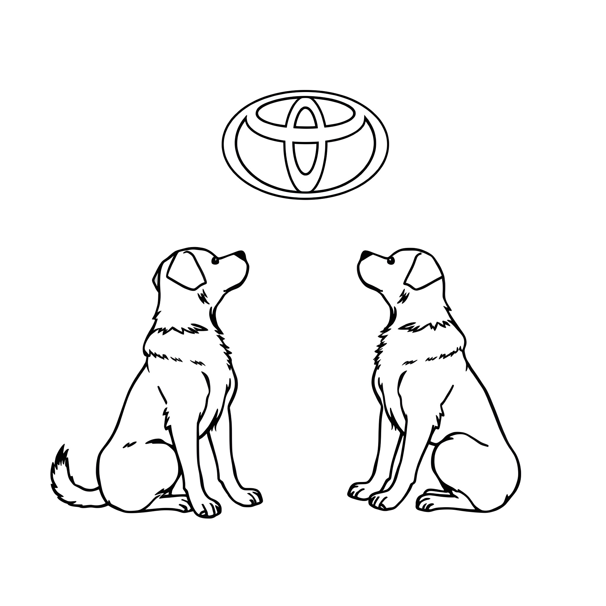 Dogs sitting near Toyota logo Coloring Page (free black-and-white line drawing printable PDF for all, from beginners to advanced learners, including children, teens, adults, and seniors)