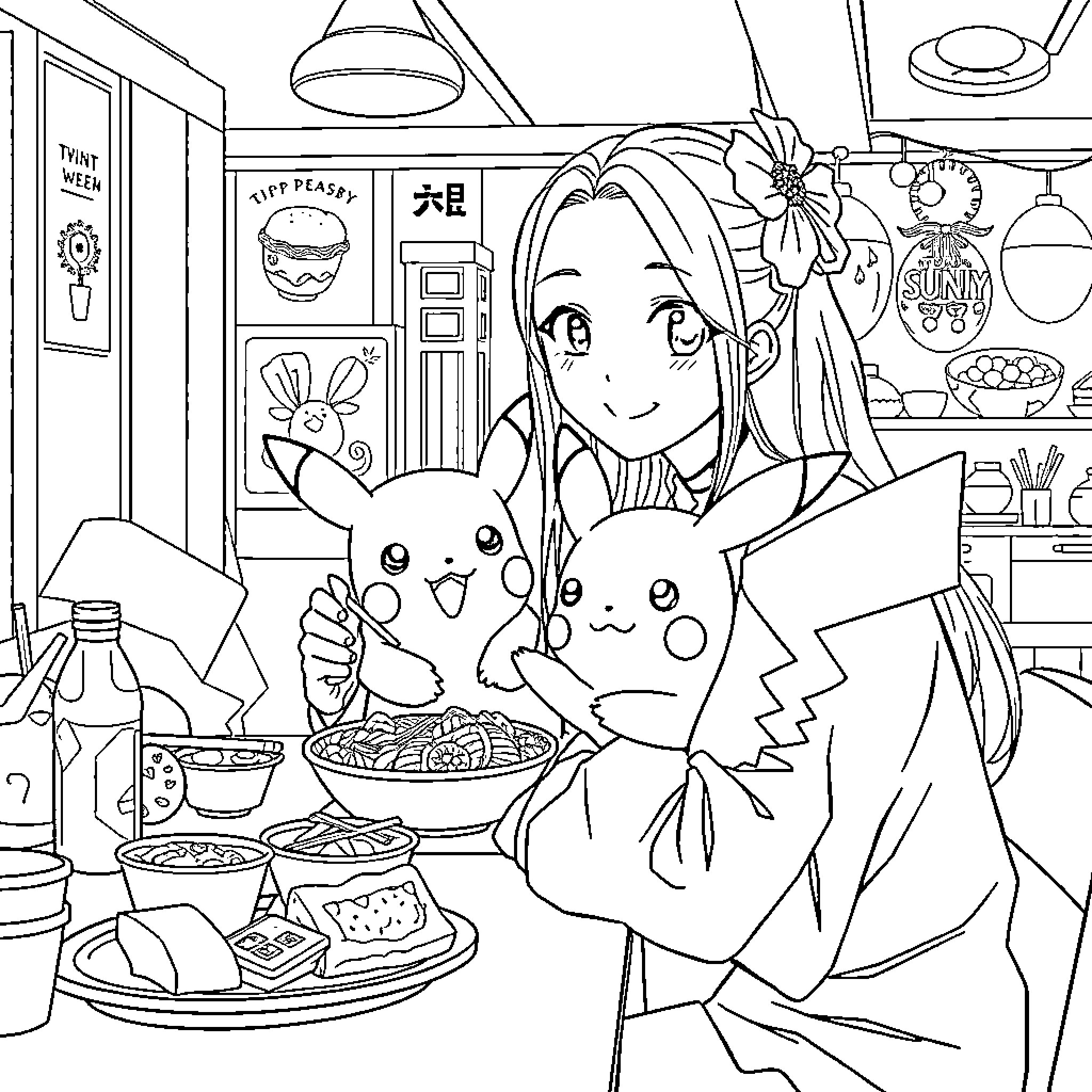 Rumi enjoying a cozy meal with Pokémon friends Coloring Page (free black-and-white line drawing printable PDF for all, from beginners to advanced learners, including children, teens, adults, and seniors)