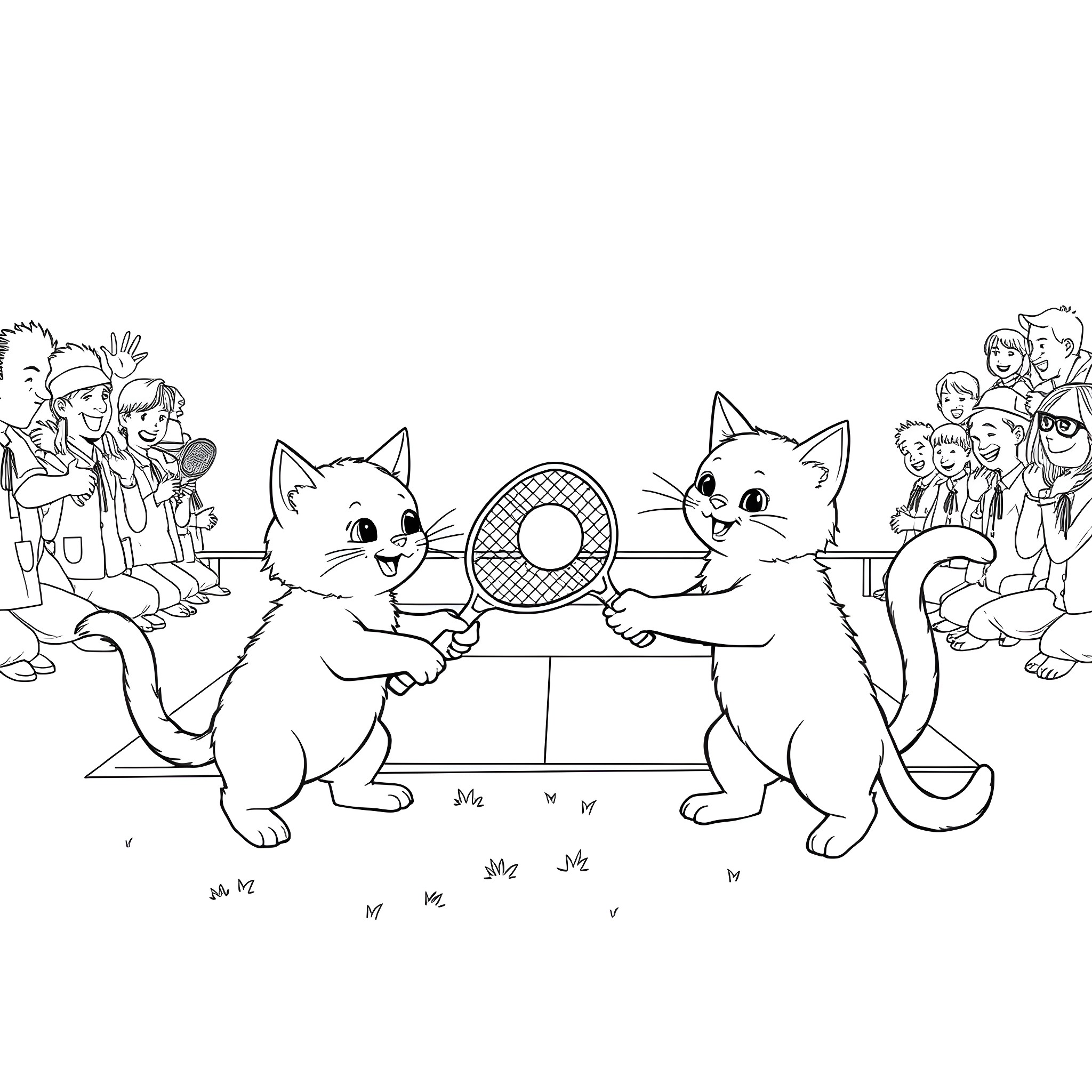Cats playing table tennis in the park Coloring Page (free black-and-white line drawing printable PDF for all, from beginners to advanced learners, including children, teens, adults, and seniors)