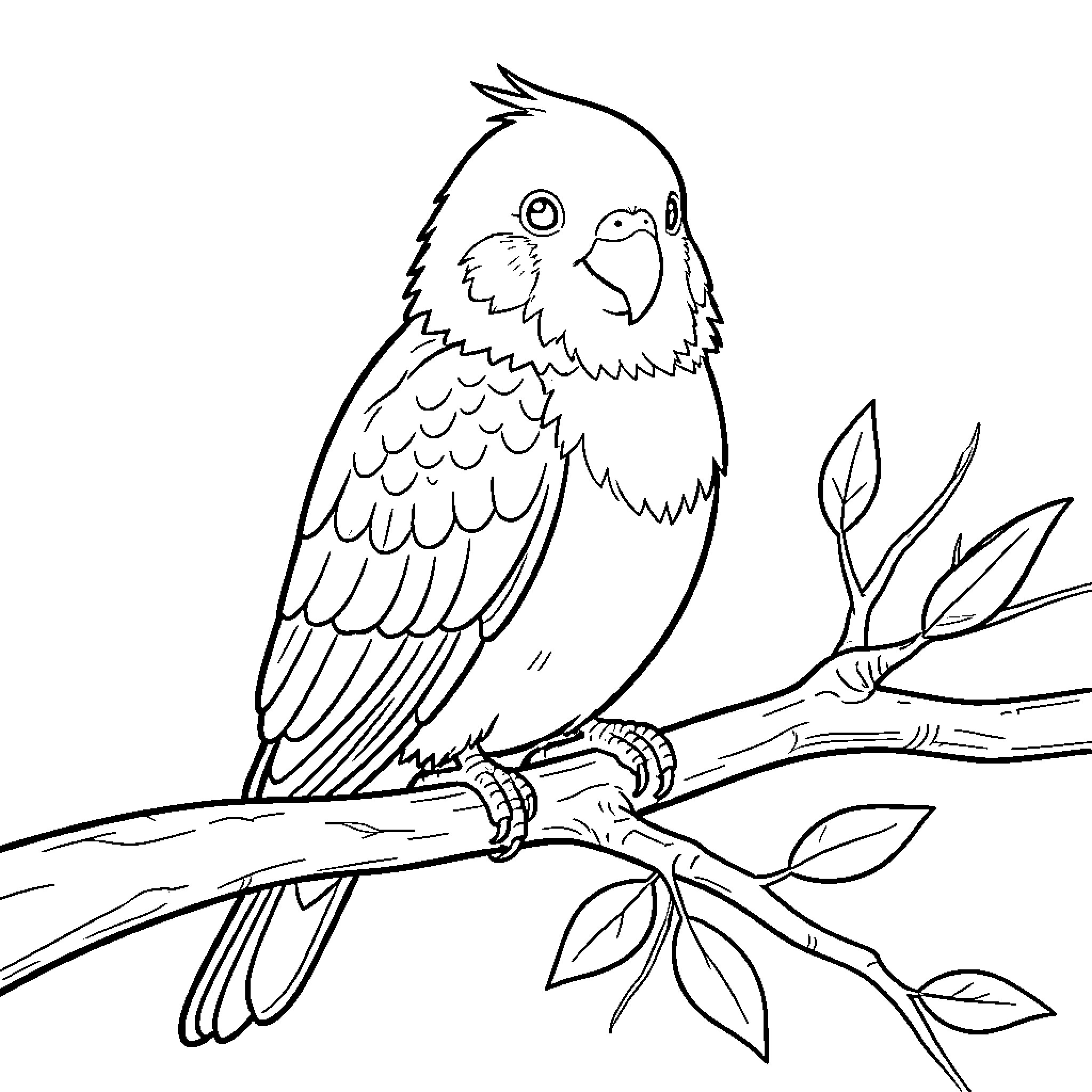 Lovebird perched on tree branch Coloring Page (free black-and-white line drawing printable PDF for all, from beginners to advanced learners, including children, teens, adults, and seniors)