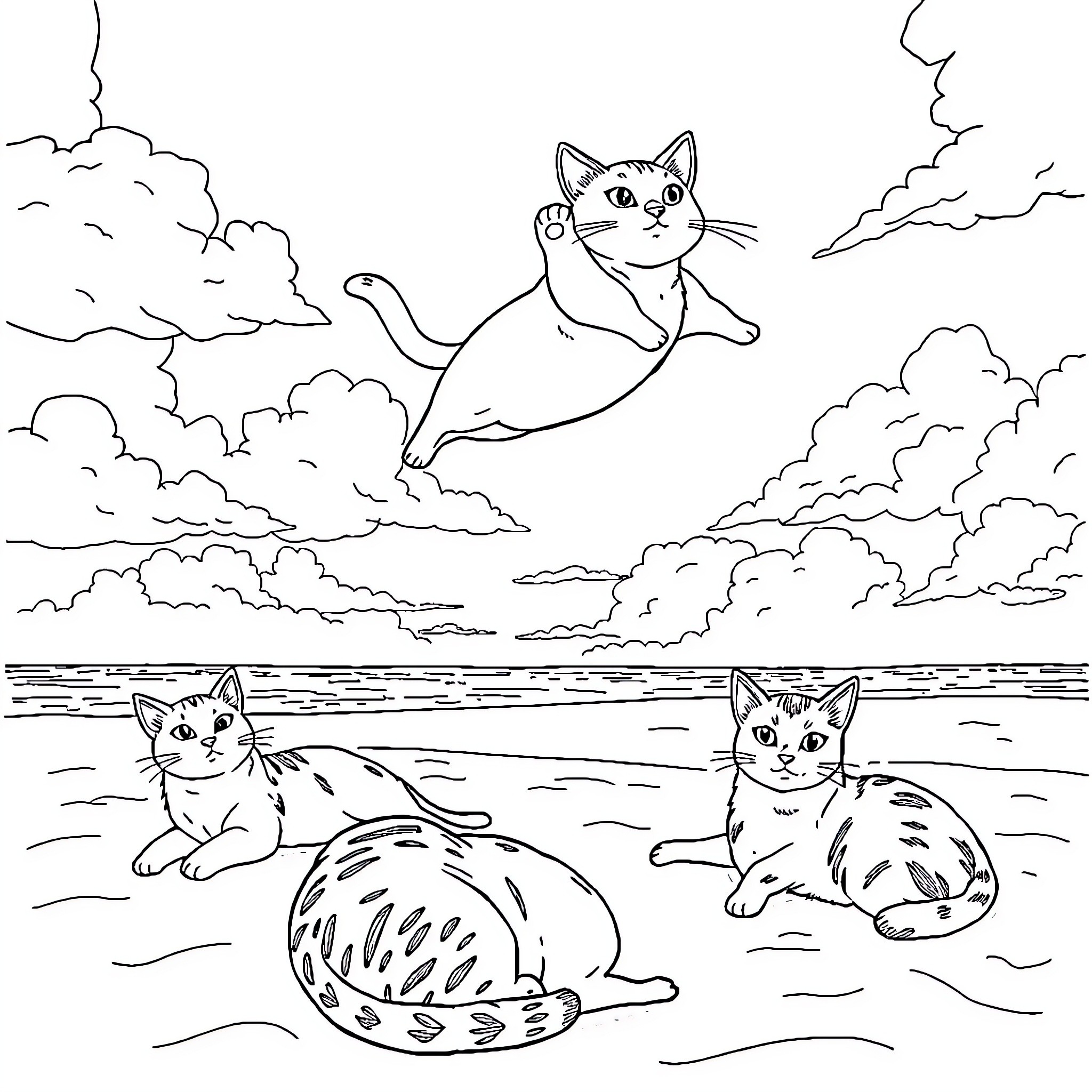 Cats relaxing by the water on a cloudy day Coloring Page (free black-and-white line drawing printable PDF for all, from beginners to advanced learners, including children, teens, adults, and seniors)