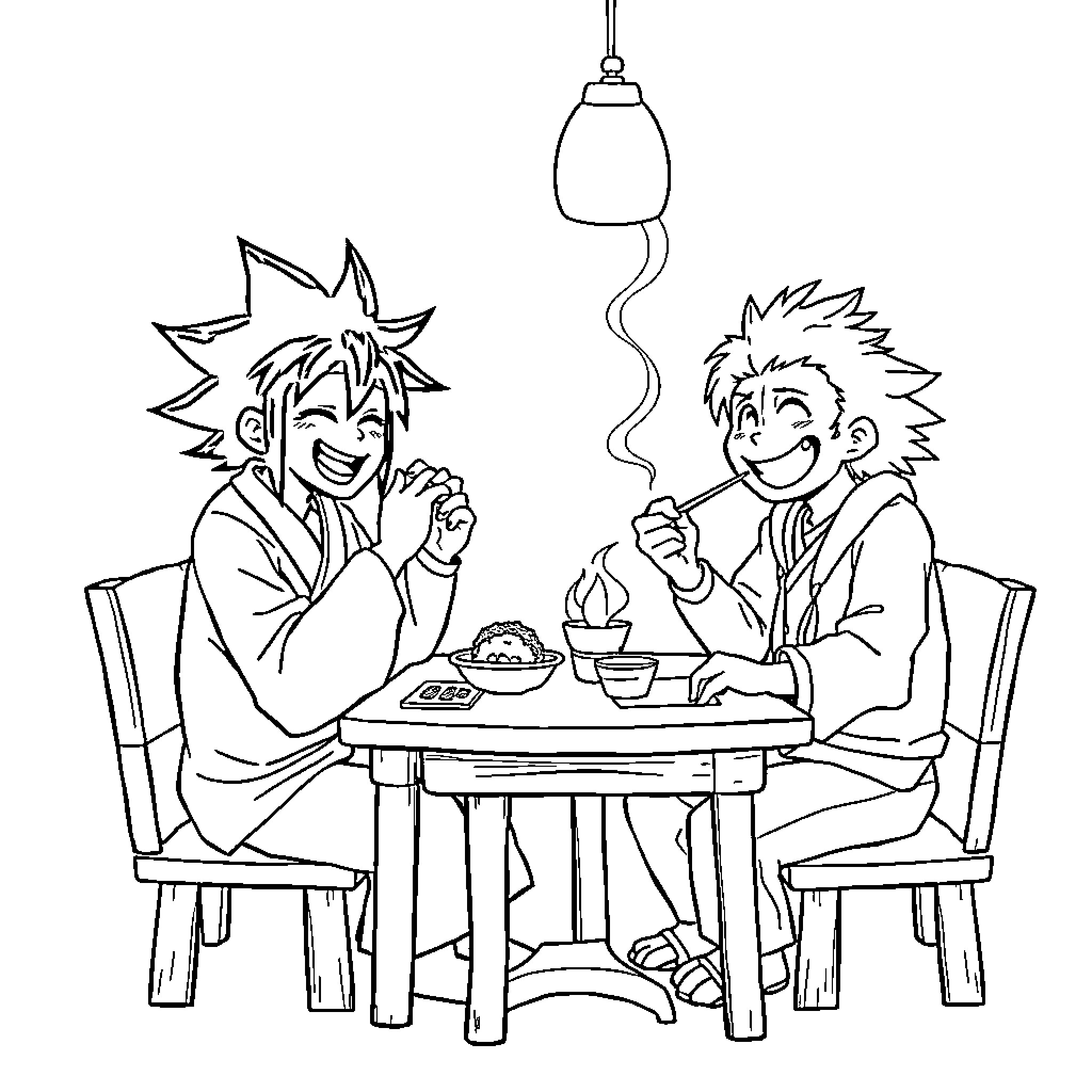 Akaza friends sharing a meal and laughing Coloring Page (free black-and-white line drawing printable PDF for all, from beginners to advanced learners, including children, teens, adults, and seniors)