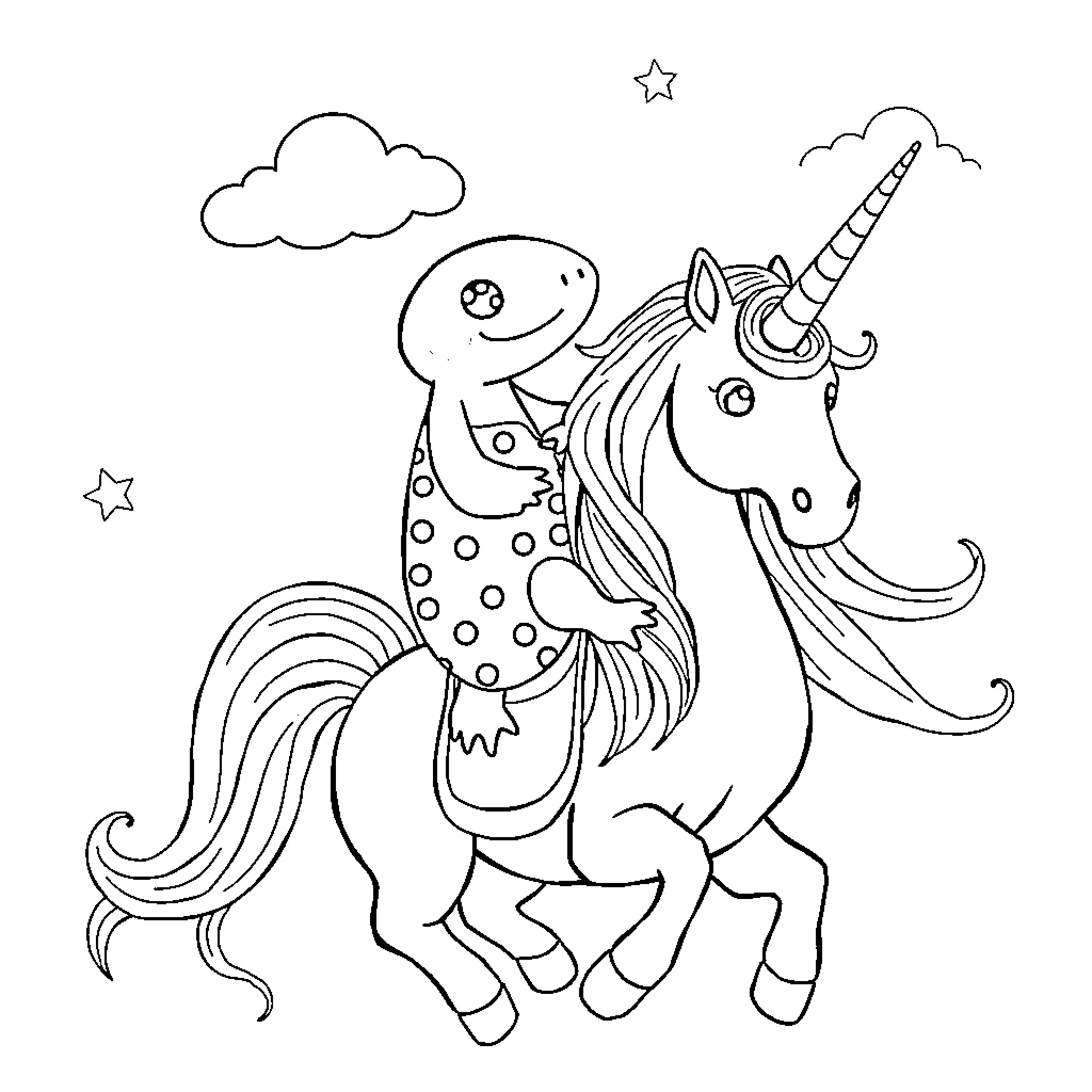 Axolotl riding a magical unicorn in the sky Coloring Page (free black-and-white line drawing printable PDF for all, from beginners to advanced learners, including children, teens, adults, and seniors)