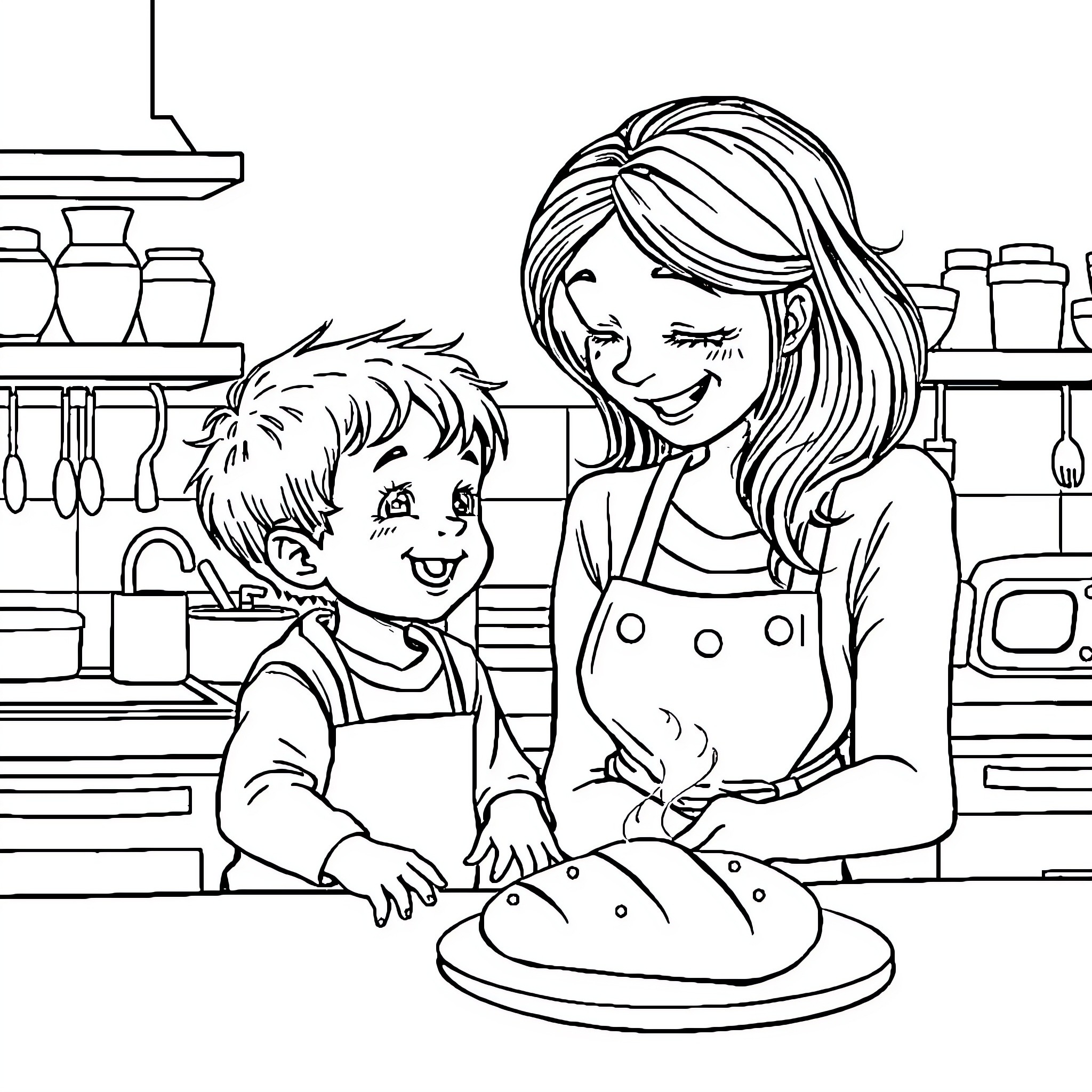 Niño and adult assisting in the kitchen Coloring Page (free black-and-white line drawing printable PDF for all, from beginners to advanced learners, including children, teens, adults, and seniors)