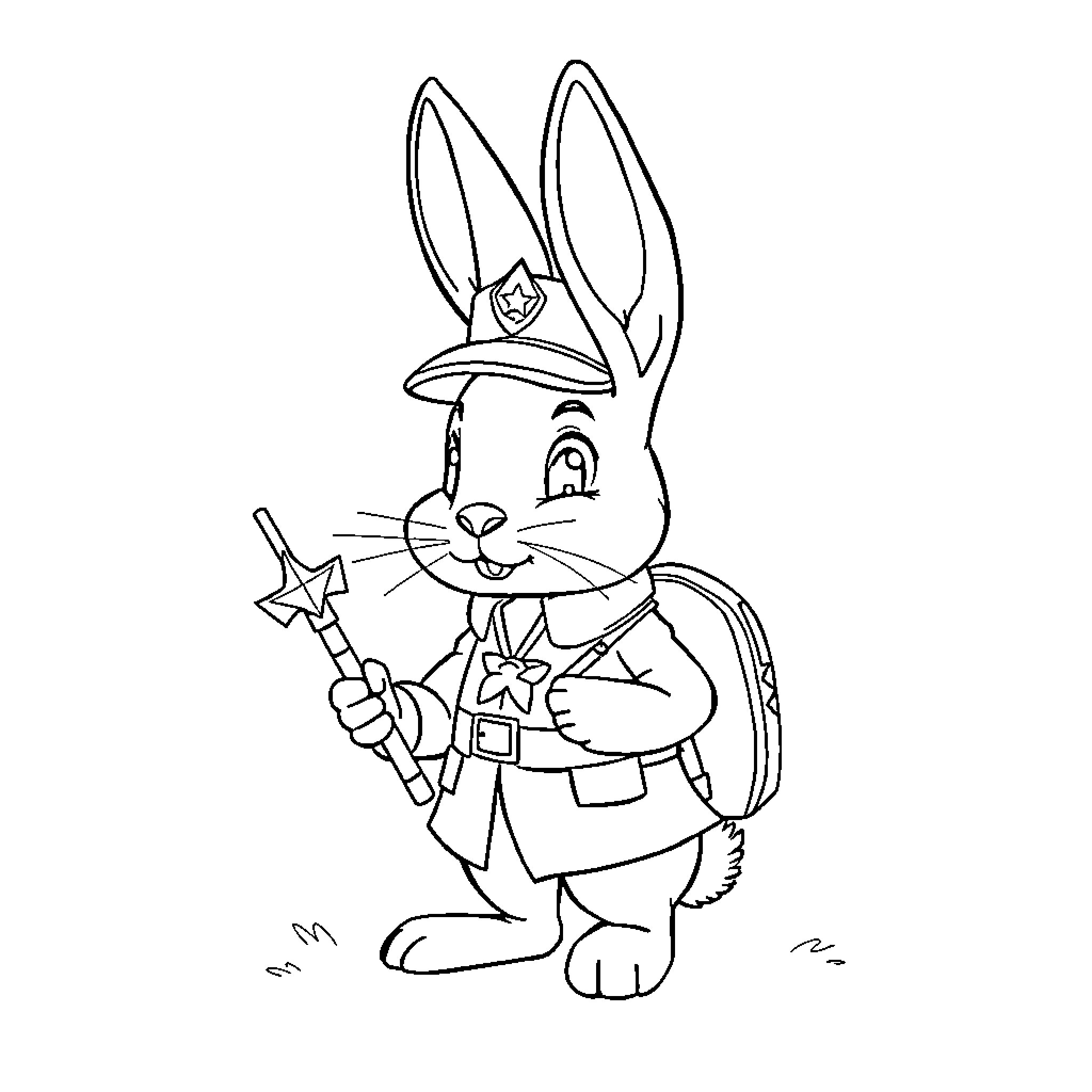 Rabbit policeman carrying a baton Coloring Page (free black-and-white line drawing printable PDF for all, from beginners to advanced learners, including children, teens, adults, and seniors)